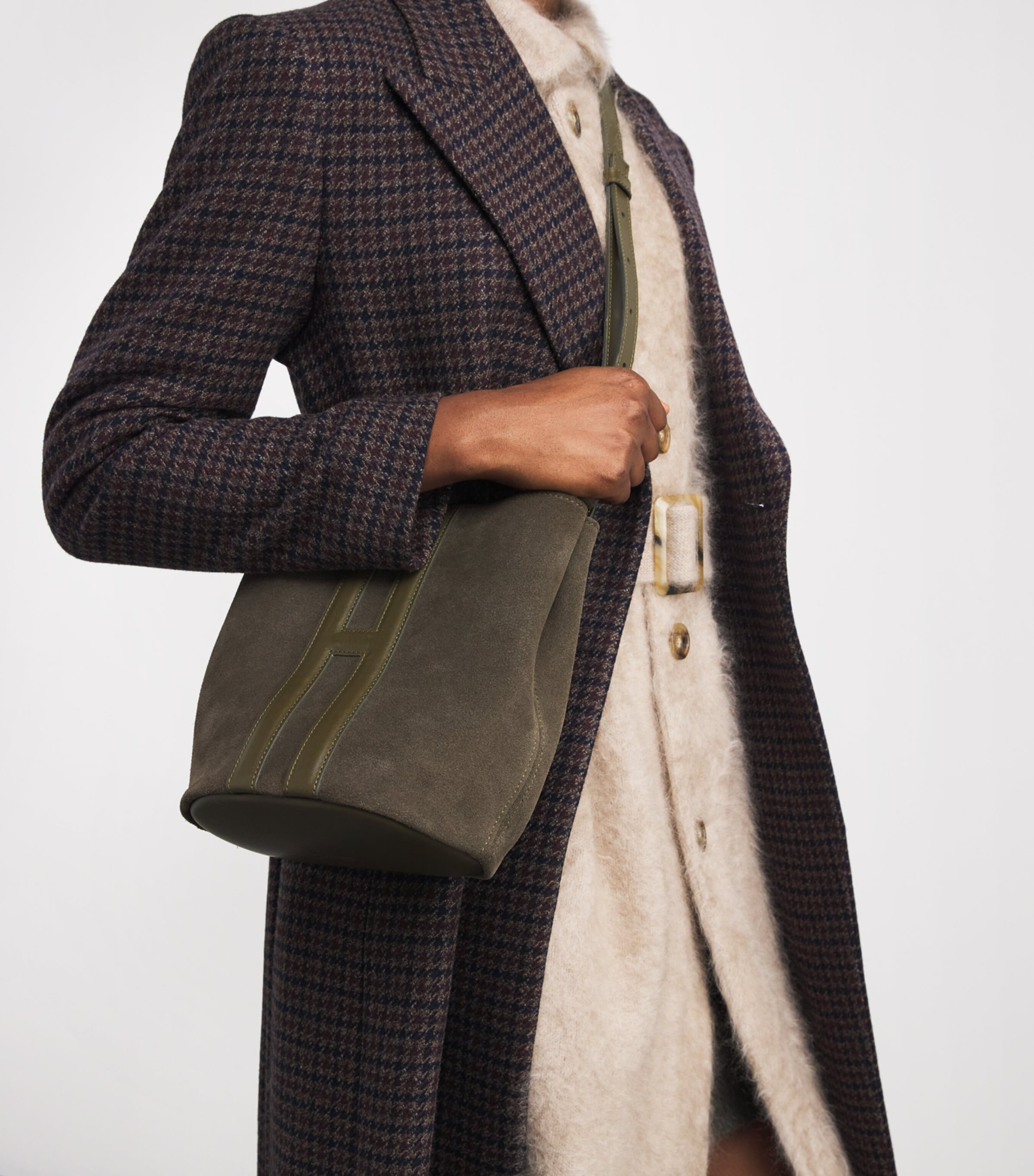 Harrods x Tusting Small Suede H Cross-Body Bag Olive Image 5