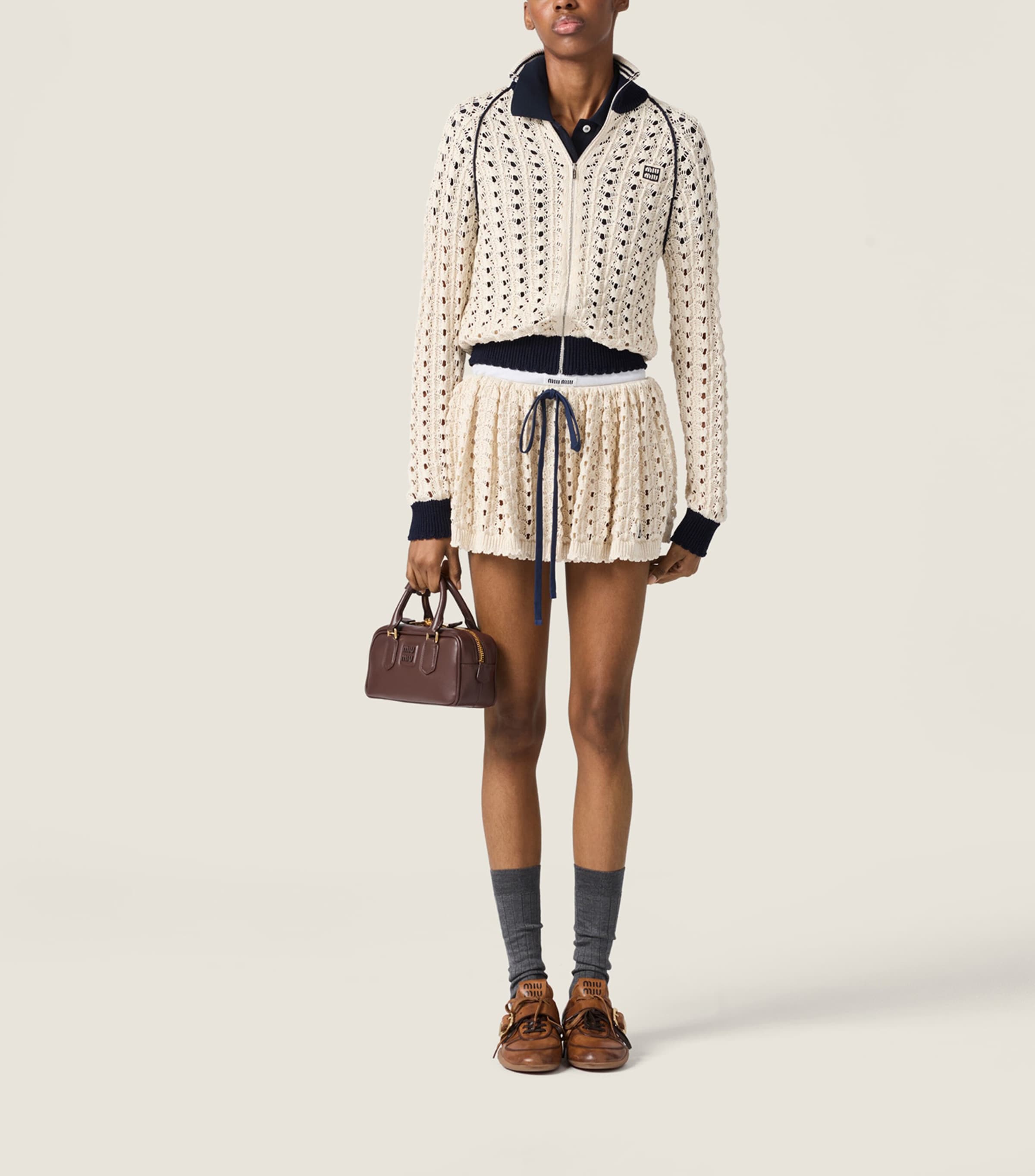 Miu Miu Womens Crochet Zip-Up Cardigan Neutral Image 2