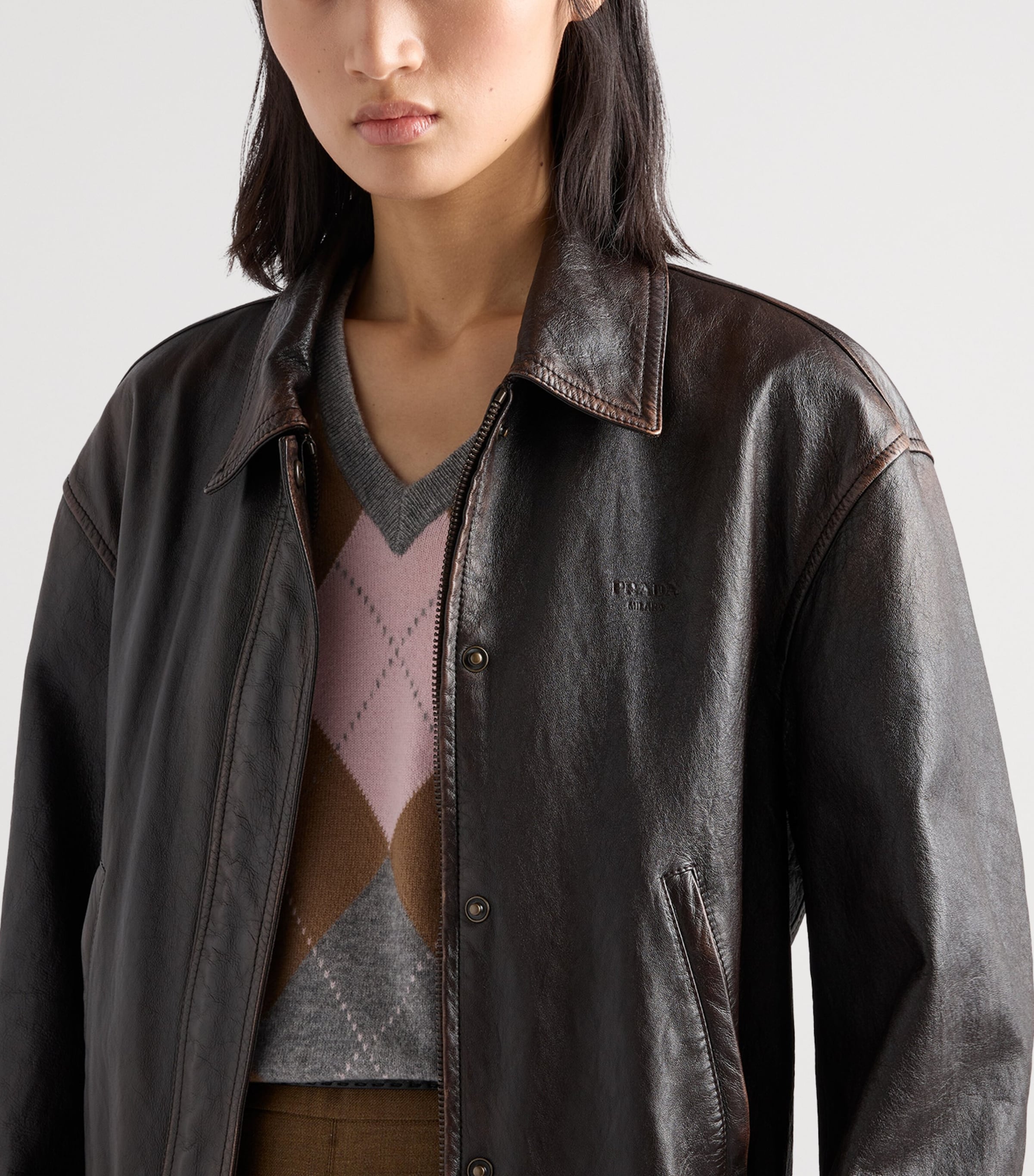 Prada Womens Cashmere Argyle V-Neck Sweater Grey Image 3