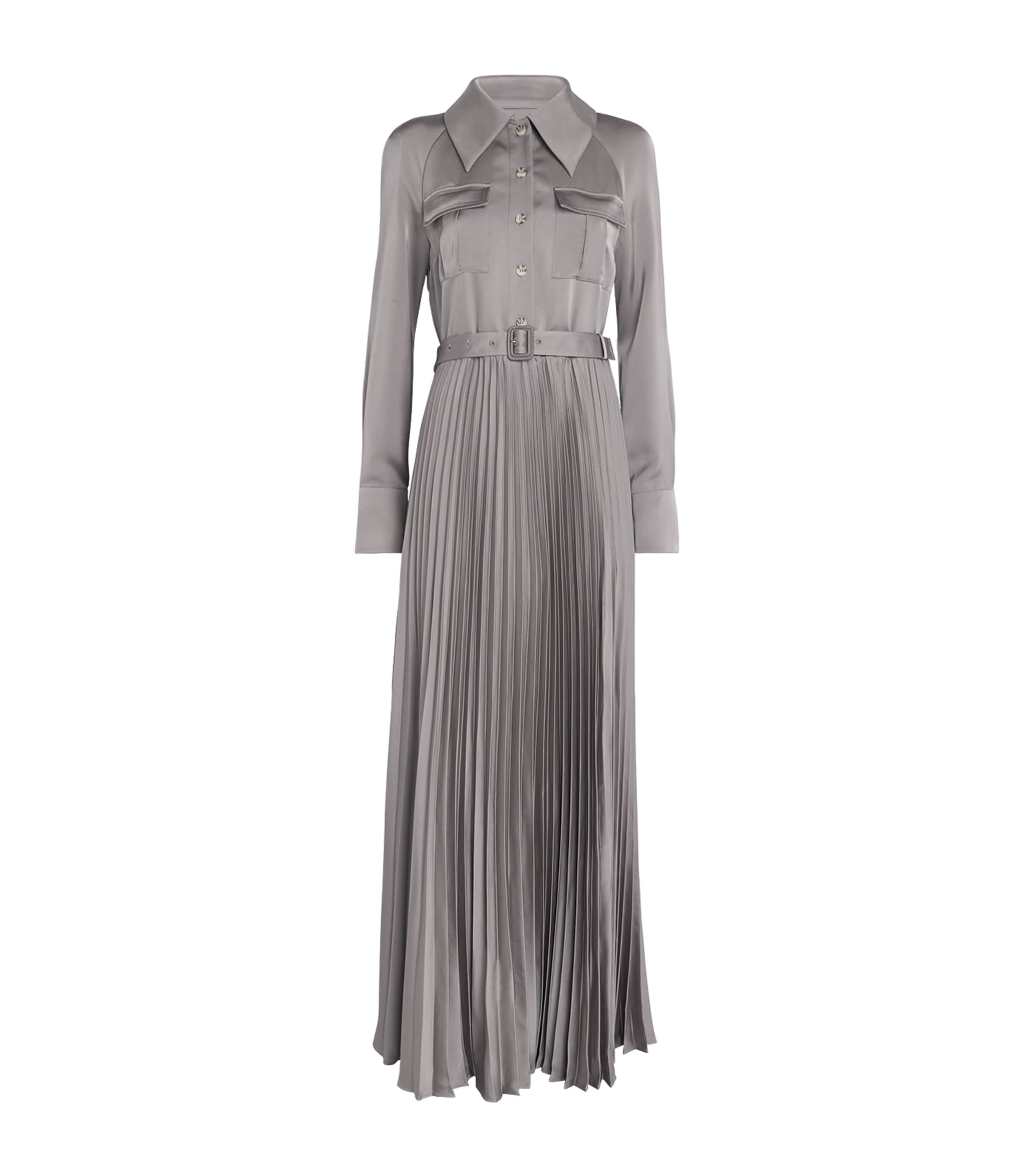 Self-portrait Pleated Shirt Maxi Dress In Gray