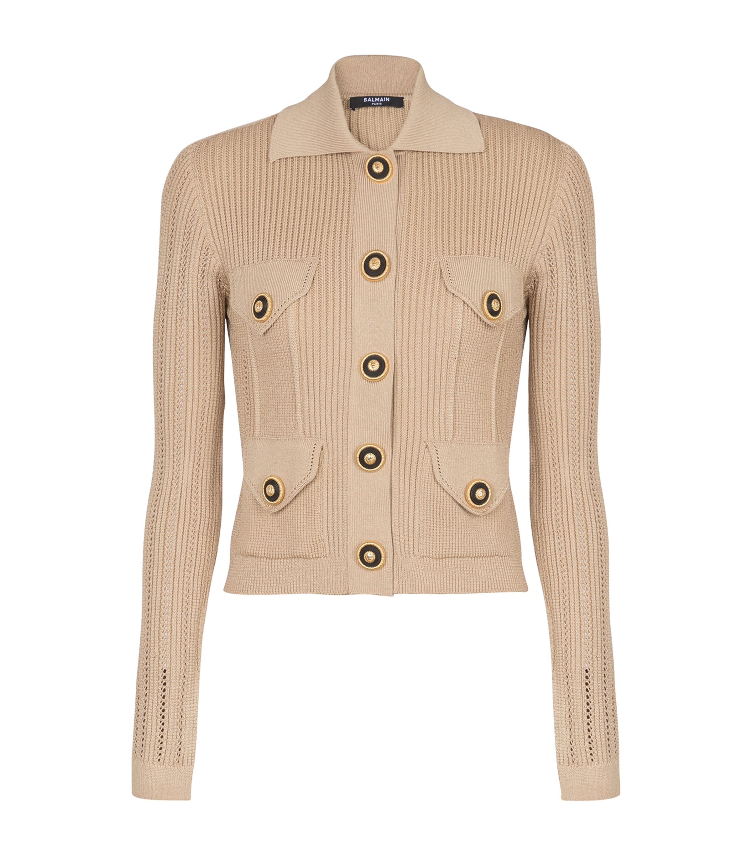Shop Balmain Cropped Rib-knit Cardigan In Beige