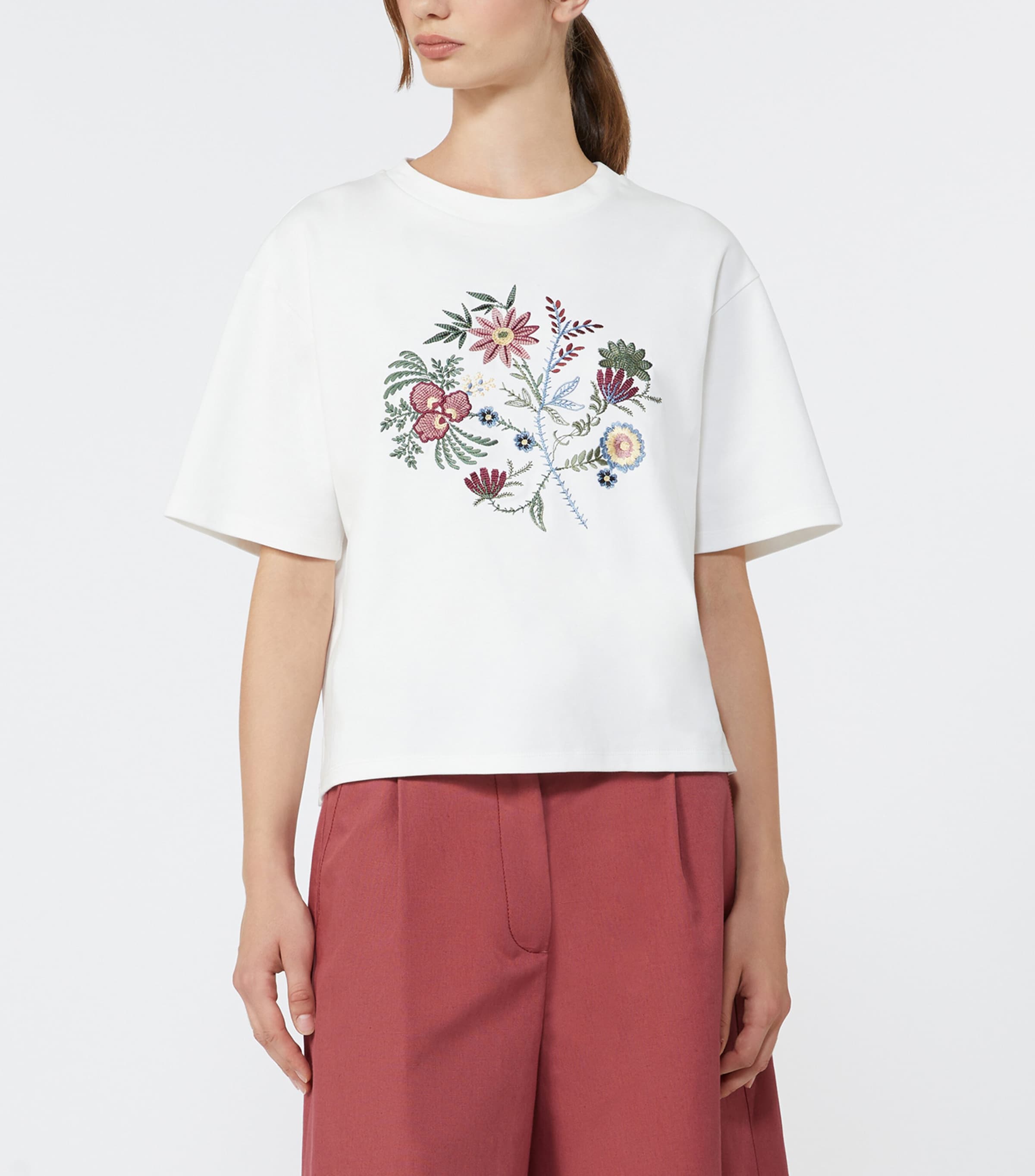 Weekend Max Mara Womens Cotton Floral-Embroidered T-Shirt White Image 3