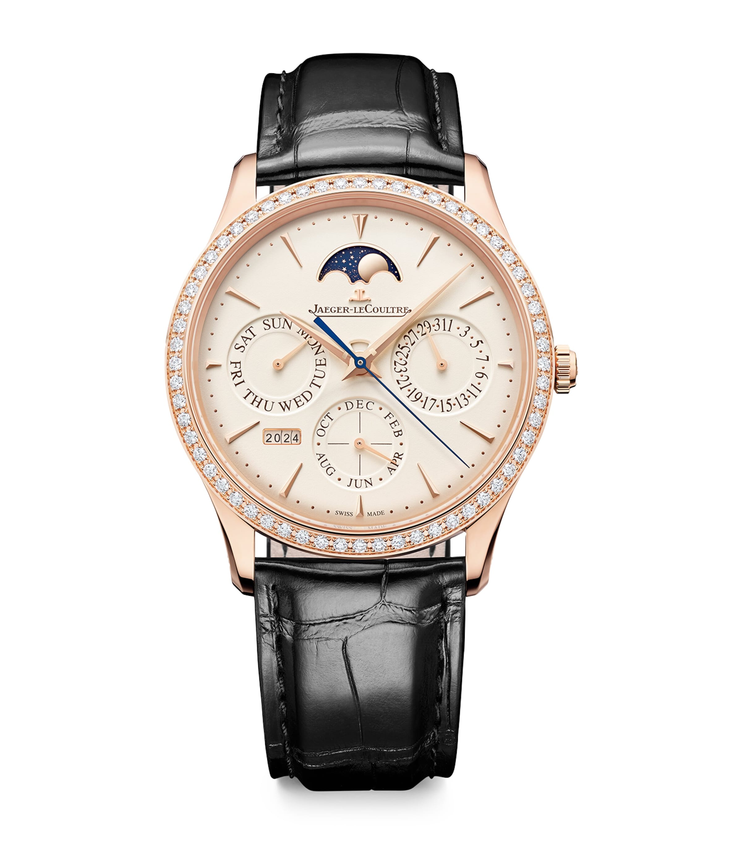 Jaeger-lecoultre Pink Gold And Diamond Master Ultra Thin Perpetual Calendar Watch In Purple