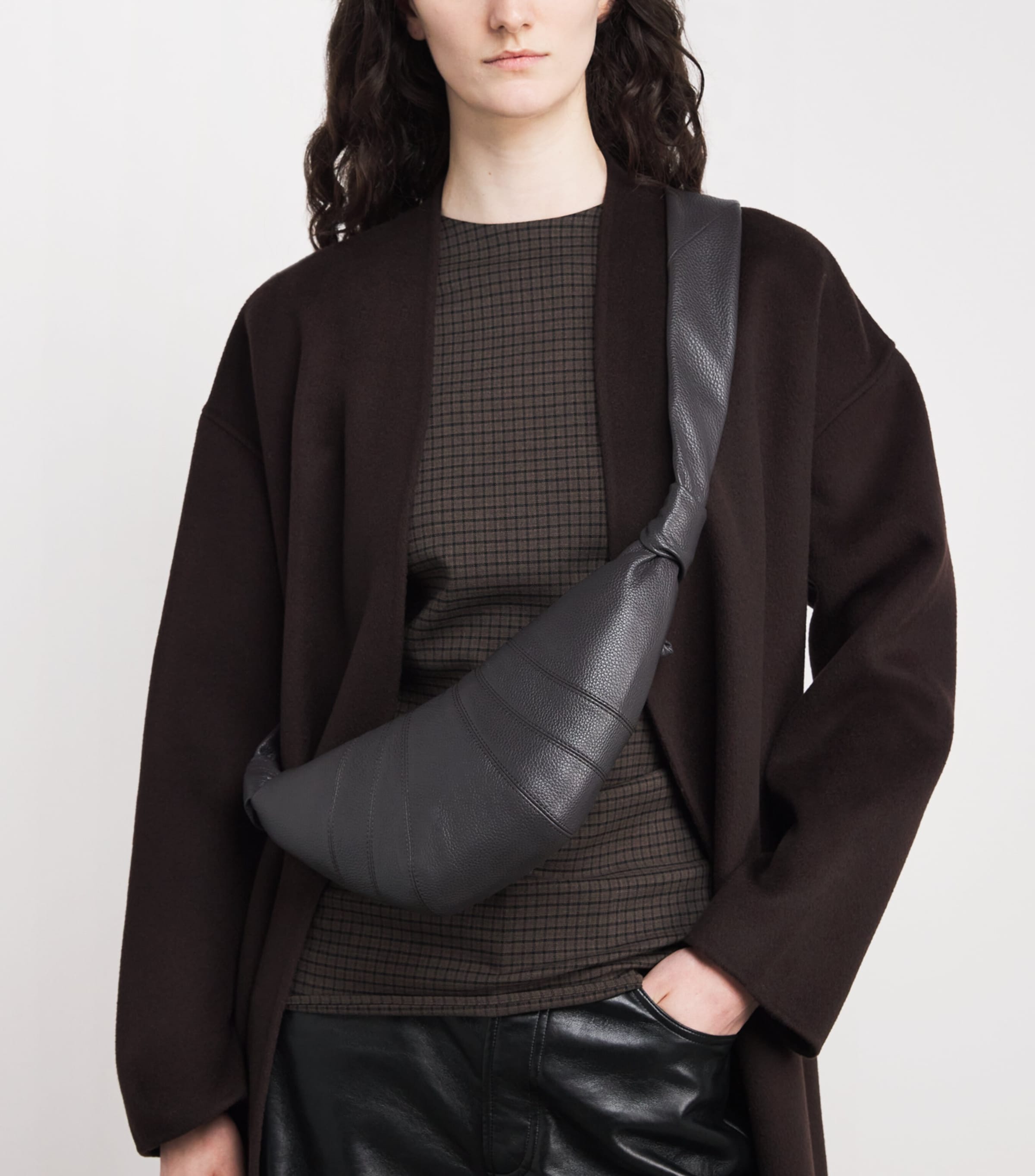 Small Grained Leather Croissant Cross-Body Bag BR490 DARK CHOCOLATE Image 2