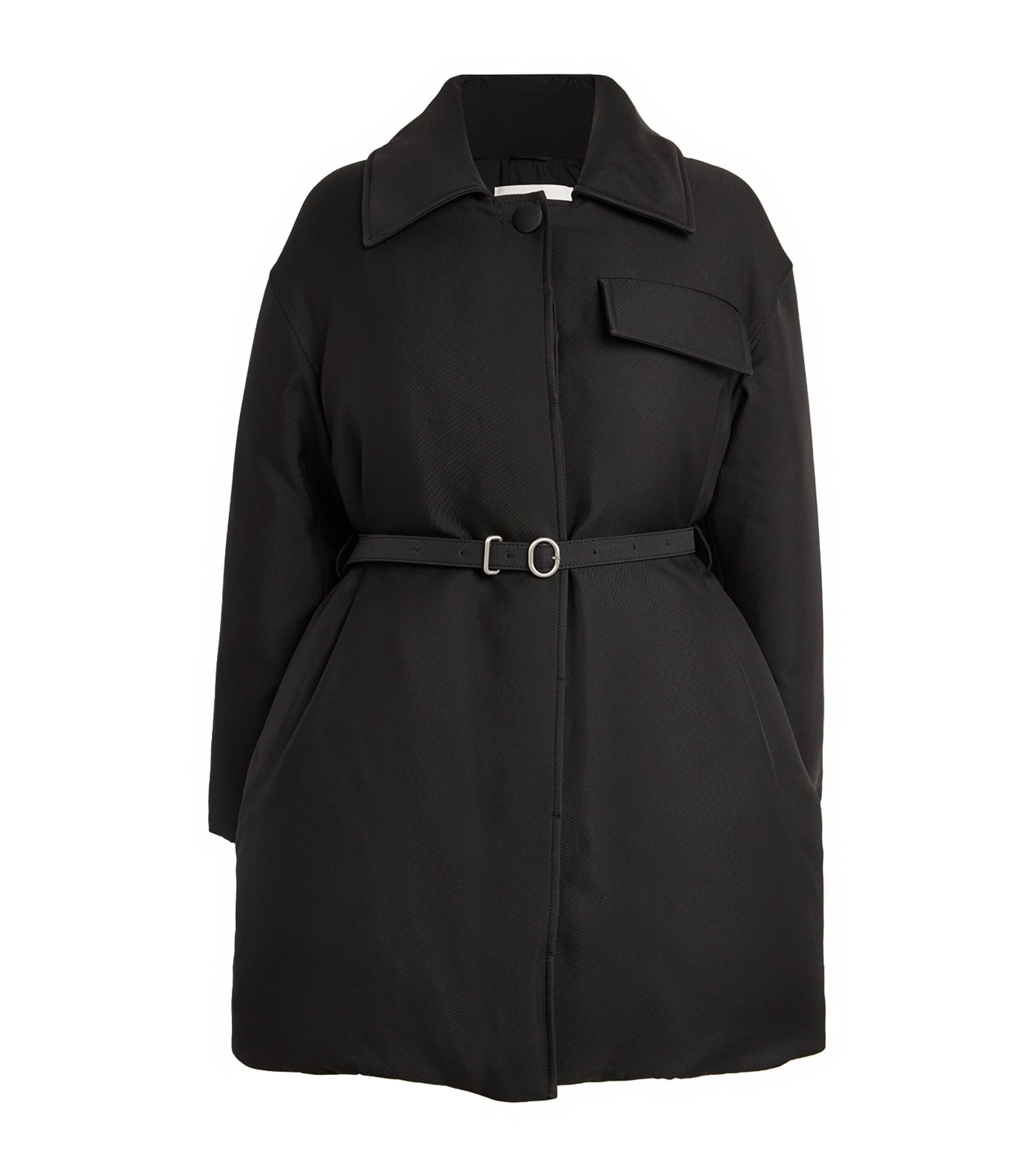 Jil Sander Silk Blend Down Jacket With Belted Waist In Black