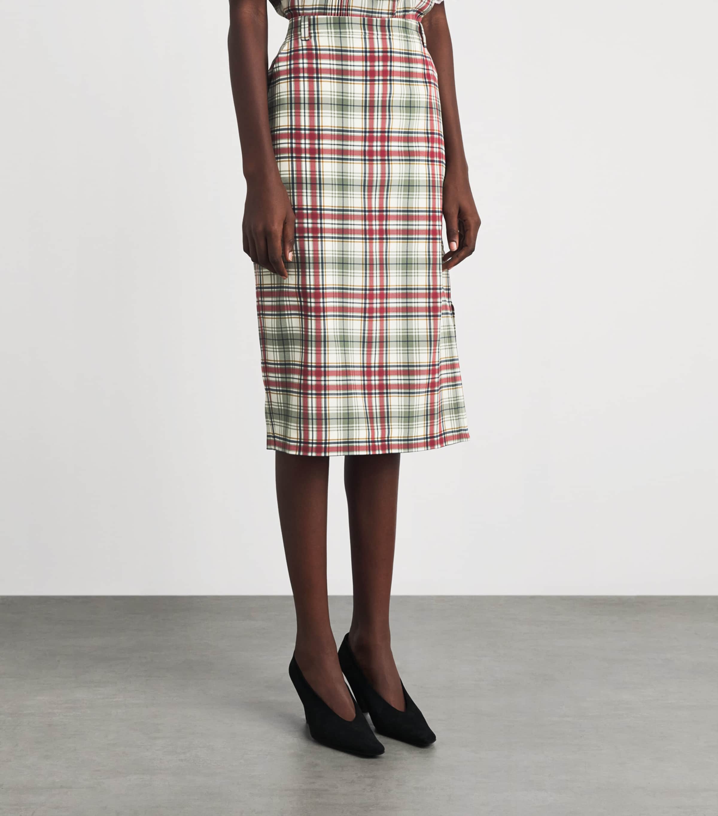 Alessandra Rich Womens Silk Tartan Midi Pencil Skirt Green Red Image 4