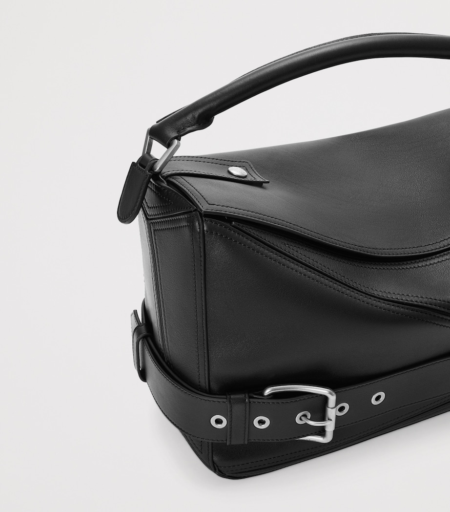 Large Leather Puzzle Edge Top-Handle Bag BLACK Image 8