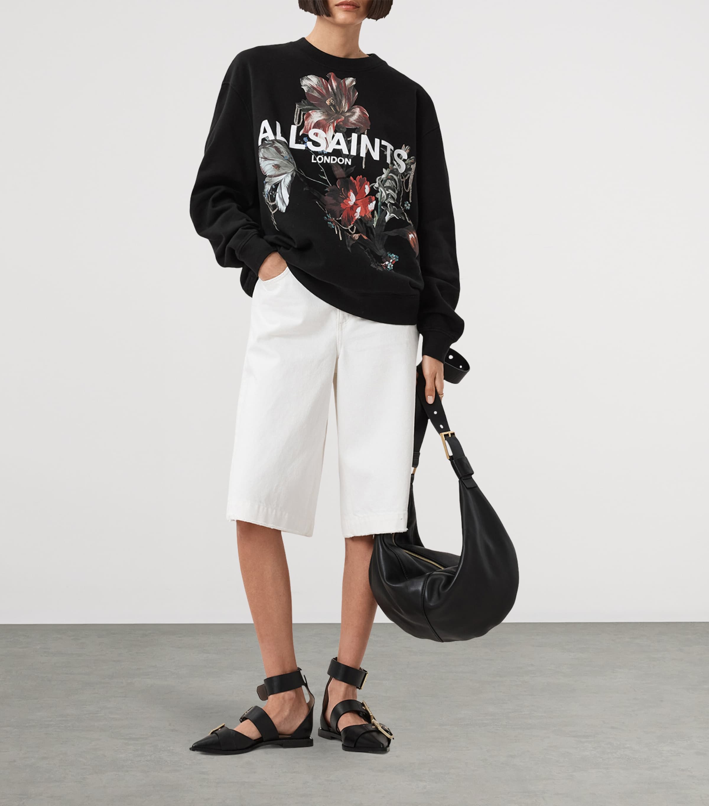 AllSaints Womens Cotton Floral Logo Etta Sweatshirt Black Image 3
