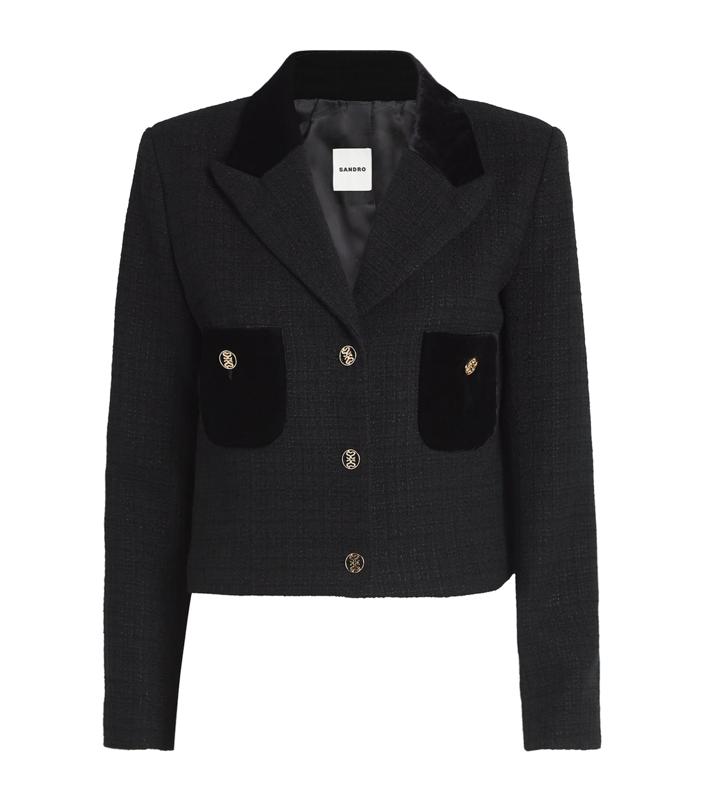 Shop Sandro Tweed Cropped Blazer In Black