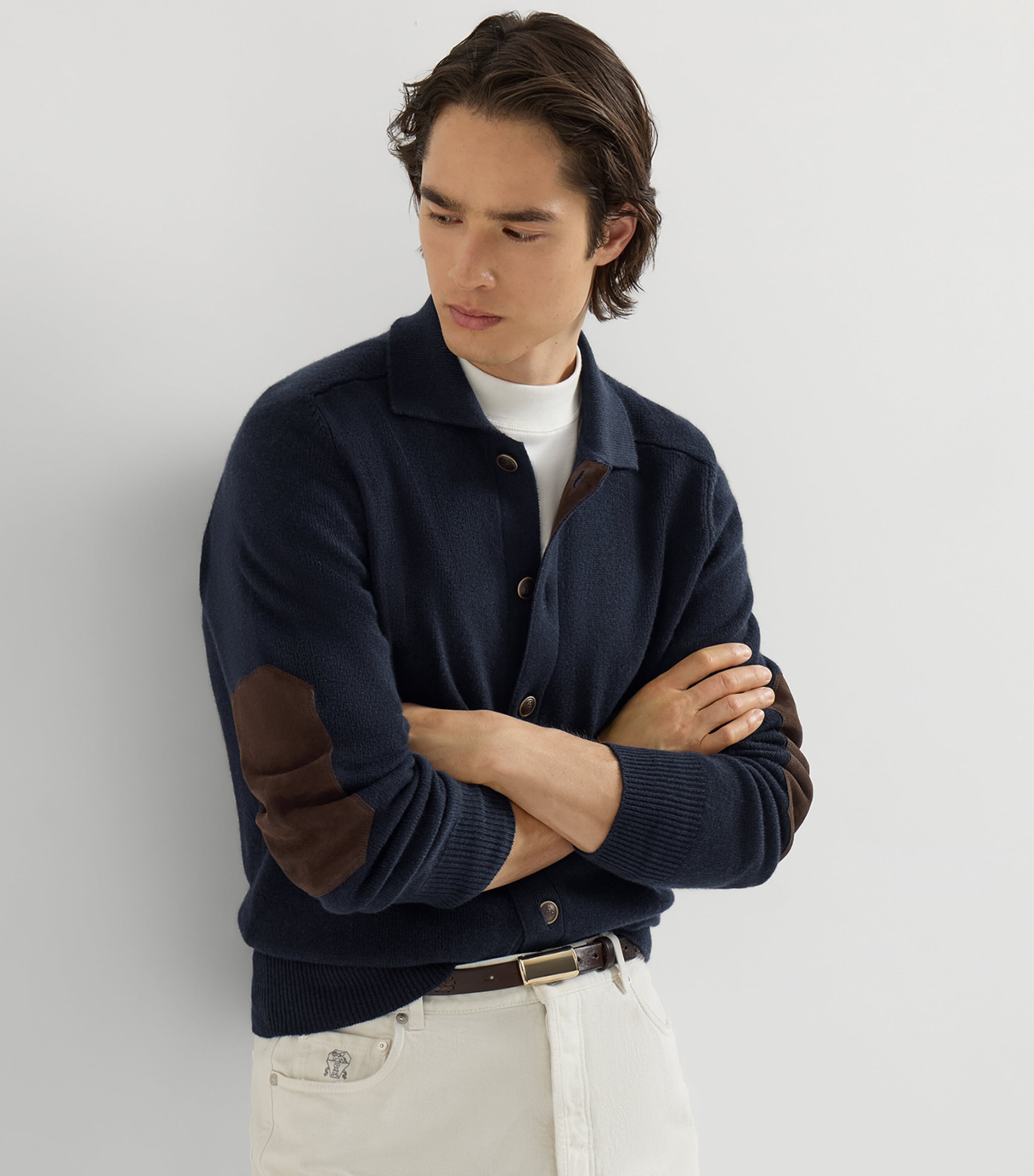 Brunello Cucinelli Mens Cashmere Suede-Trim Cardigan Navy Image 2