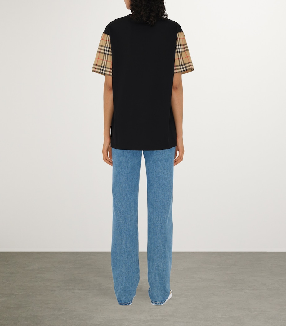 Cotton Check-Sleeve T-Shirt BLACK Image 2