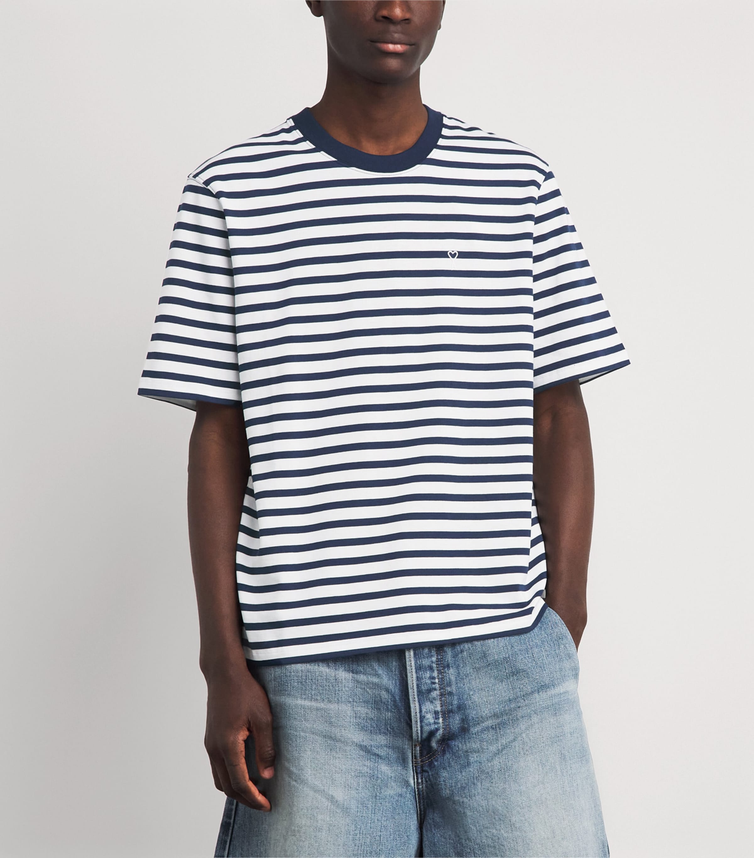AMI Paris Mens Cotton Stripe Logo T-Shirt Encre/blanc Image 4
