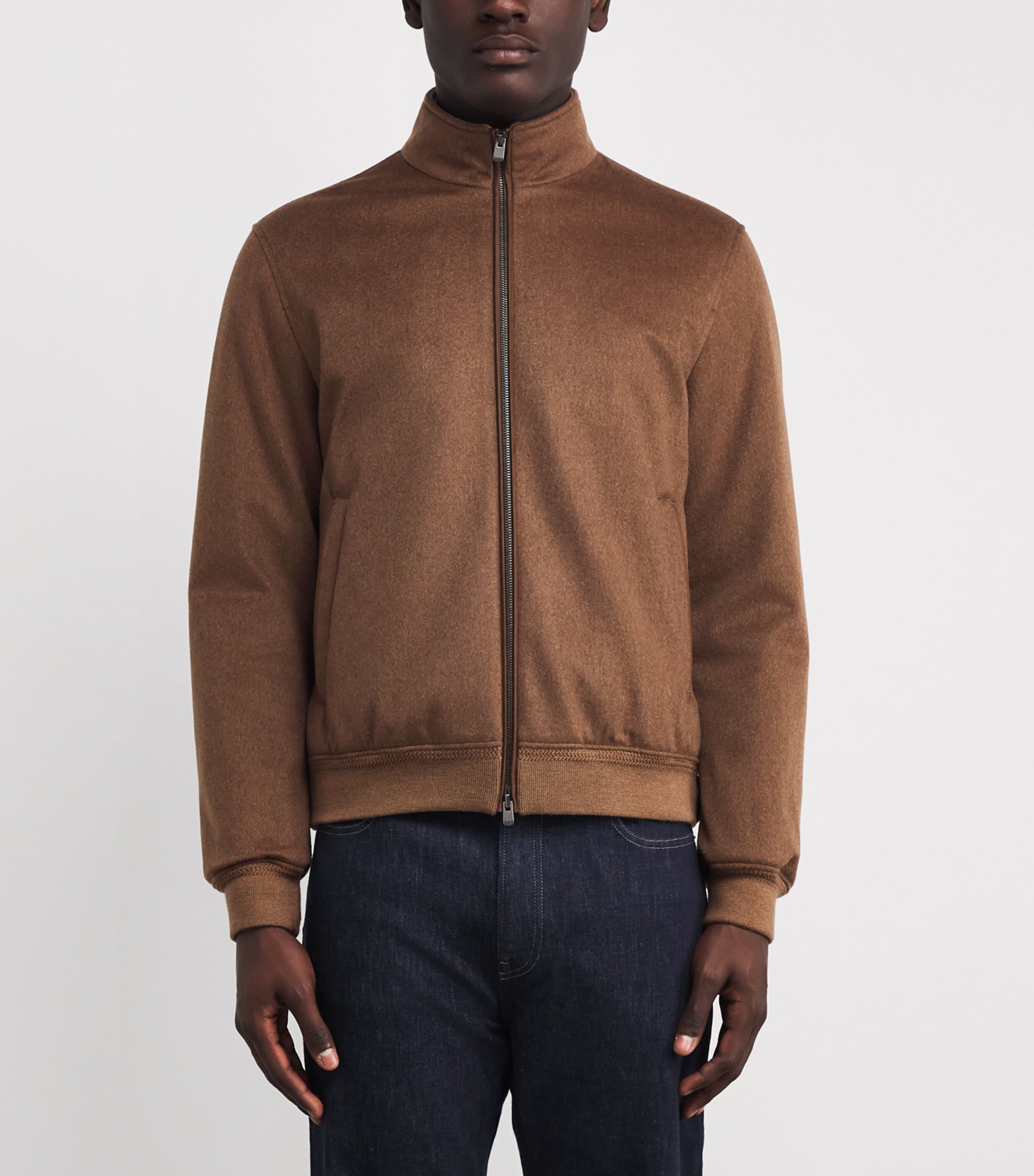 Agnona Mens Cashmere High-Neck Bomber Jacket Brown Vicuna Image 3