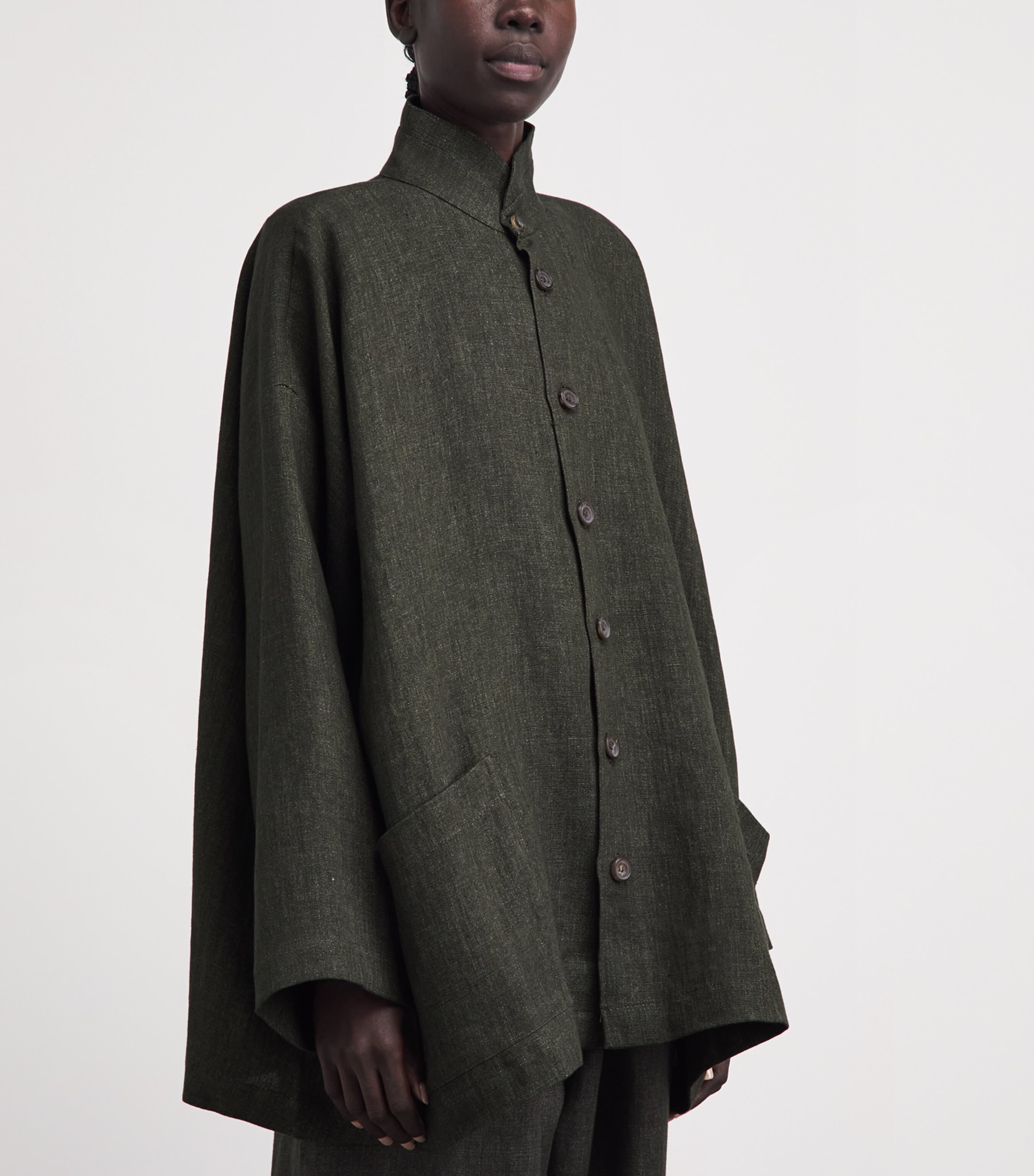 Eskandar Womens Linen Double Stand-Collar Longline Jacket Olivedark Image 4