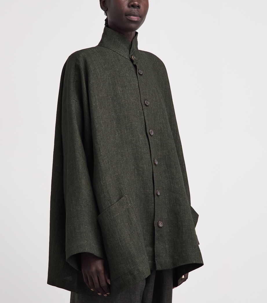 Eskandar Womens Linen Double Stand-Collar Longline Jacket Olivedark Image 4