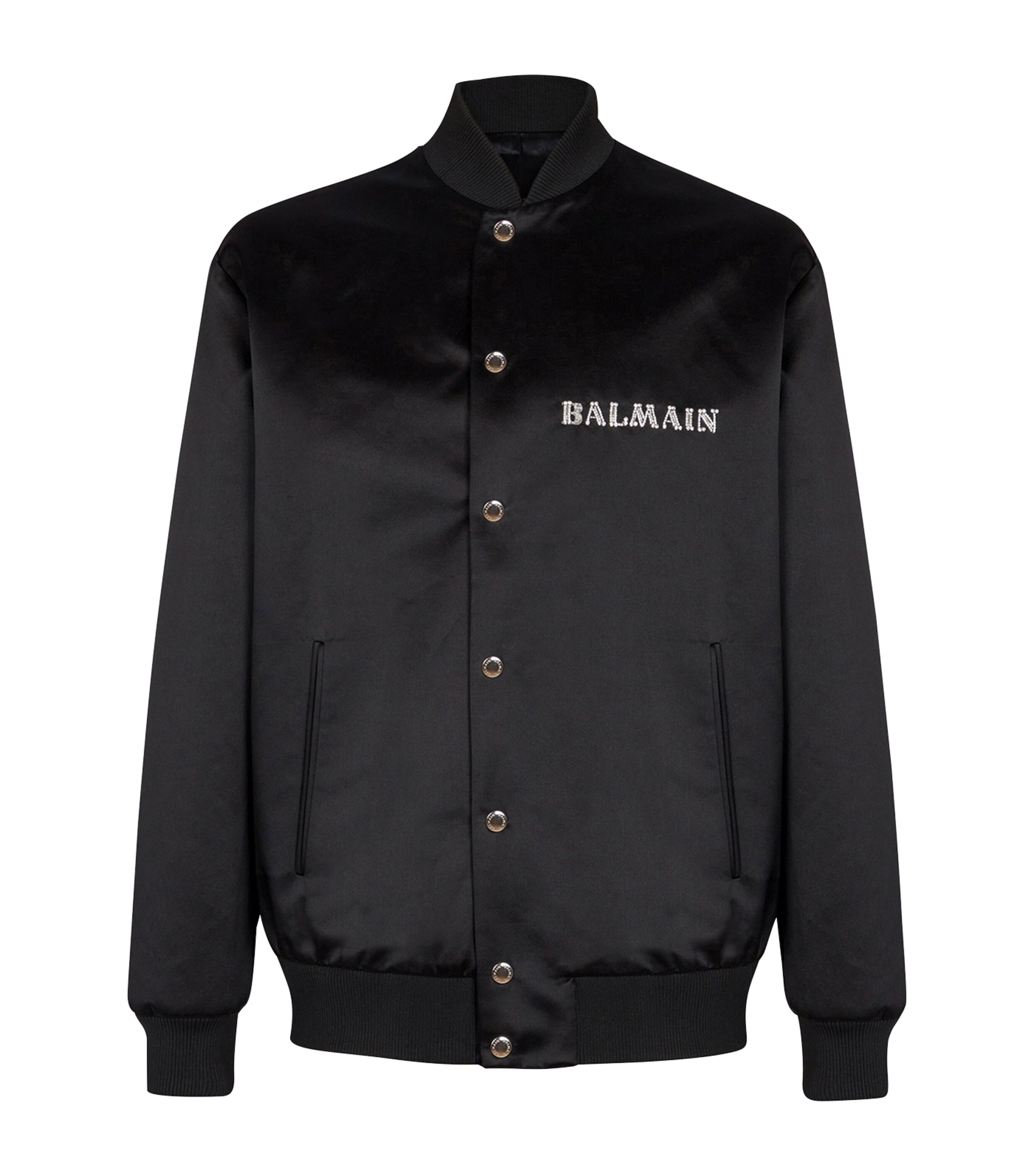 Balmain Satin Embellished Bomber Jacket In Silver