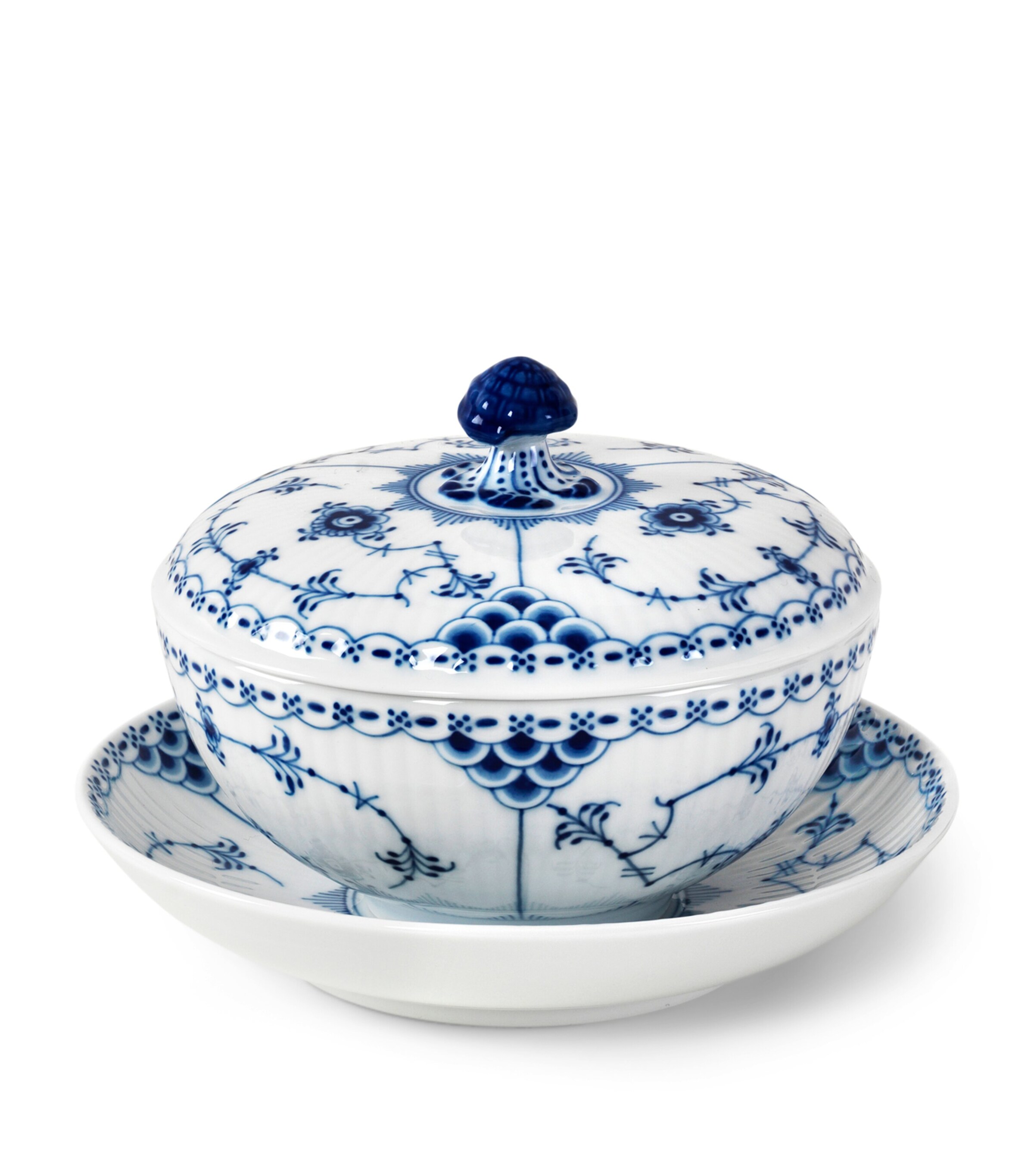 Porcelain Blue Fluted Half Lace Bowl, Lid And Saucer (300ml) BLUE Image 4