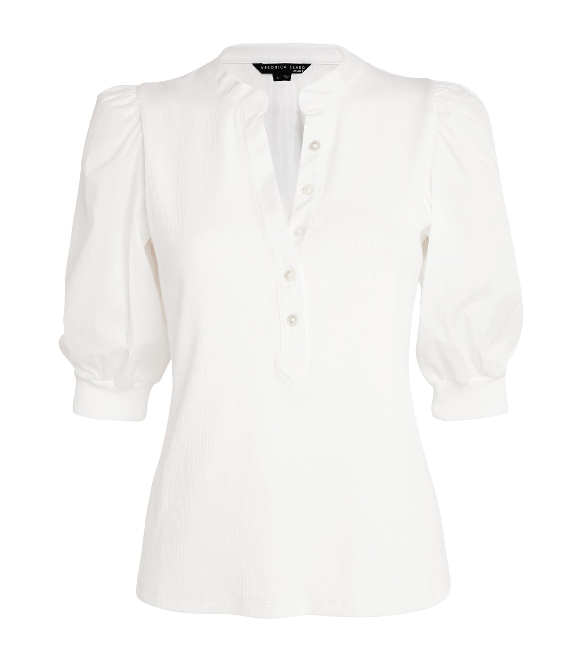 Veronica Beard Coralee Puff Sleeve Henley T-shirt In White
