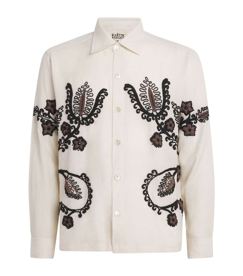 Kartik Research Mens Cotton Embroidered Floral Shirt Ecru/ Black/ Brown Image 1