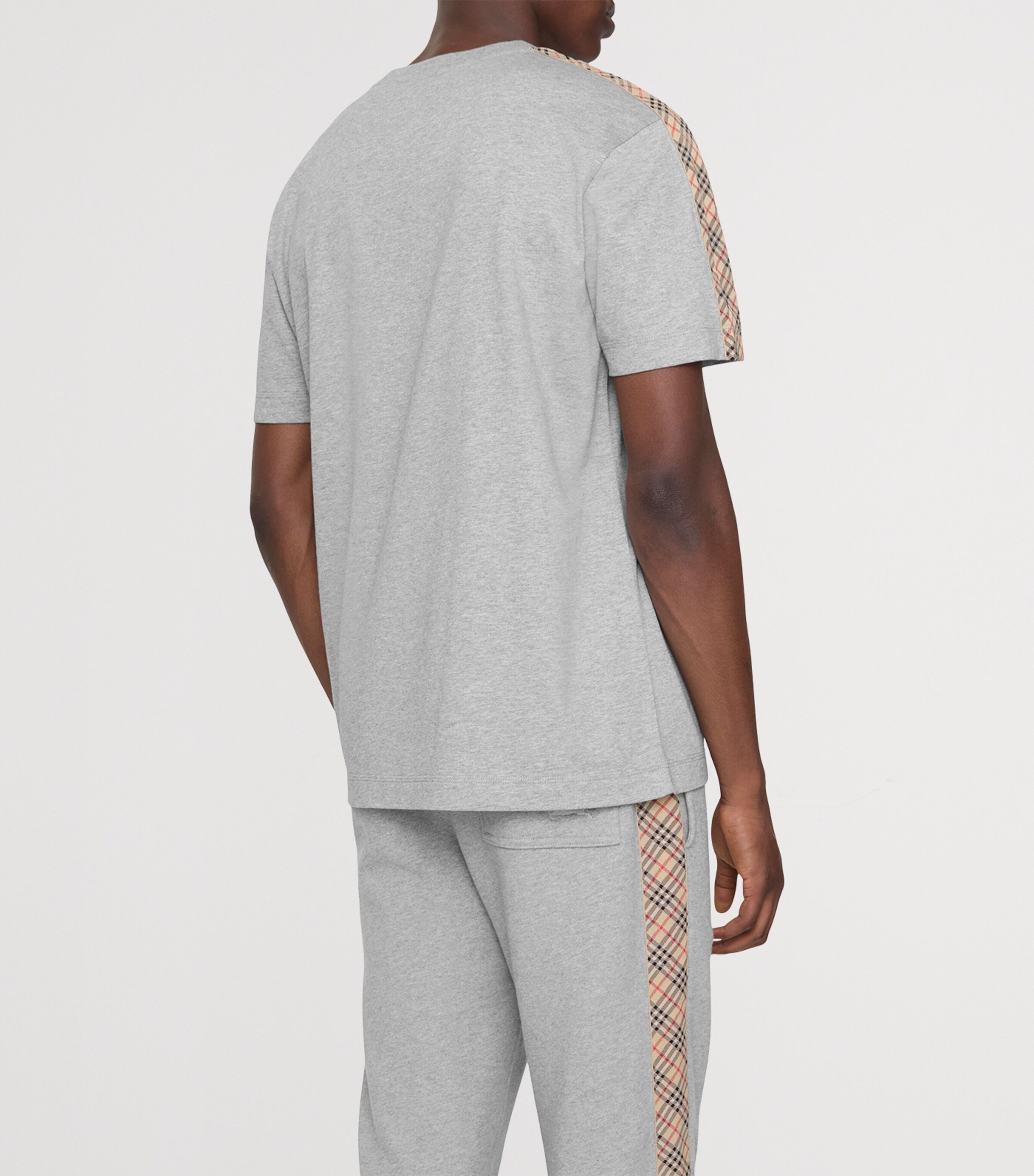 Cotton Check-Trim Slim T-Shirt PALE GREY MELANGE Image 3