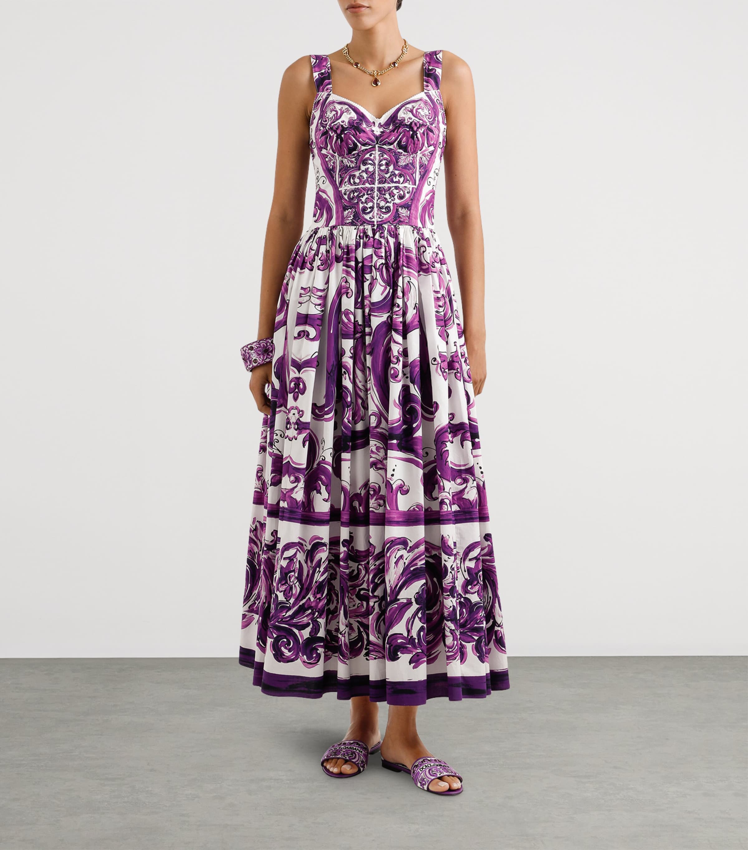 Cotton Majolica Print Pleated Maxi Dress HP5DQ-MIX MAIOLICA Image 3