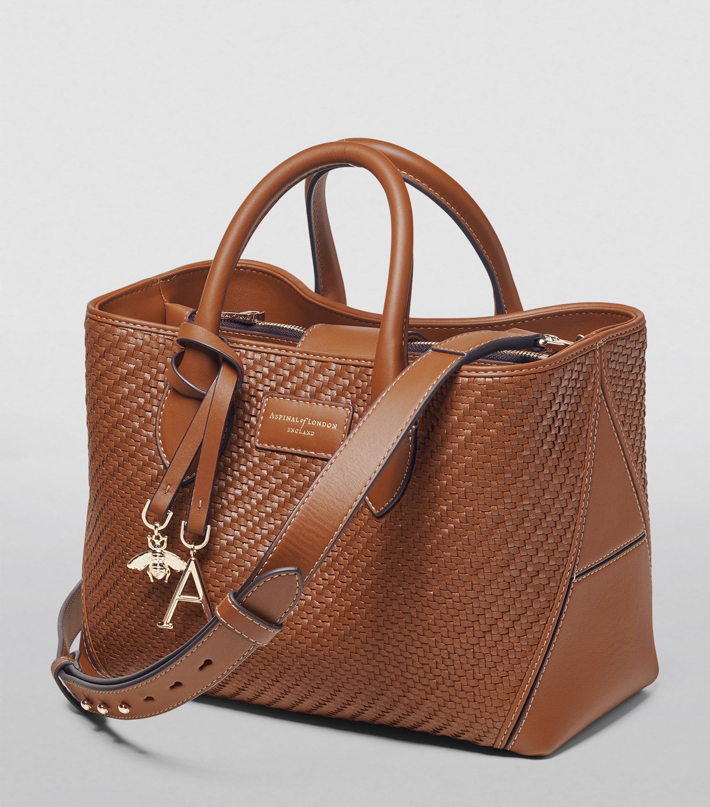 Aspinal Of London Midi Woven Leather London Tote Bag Tan Image 3