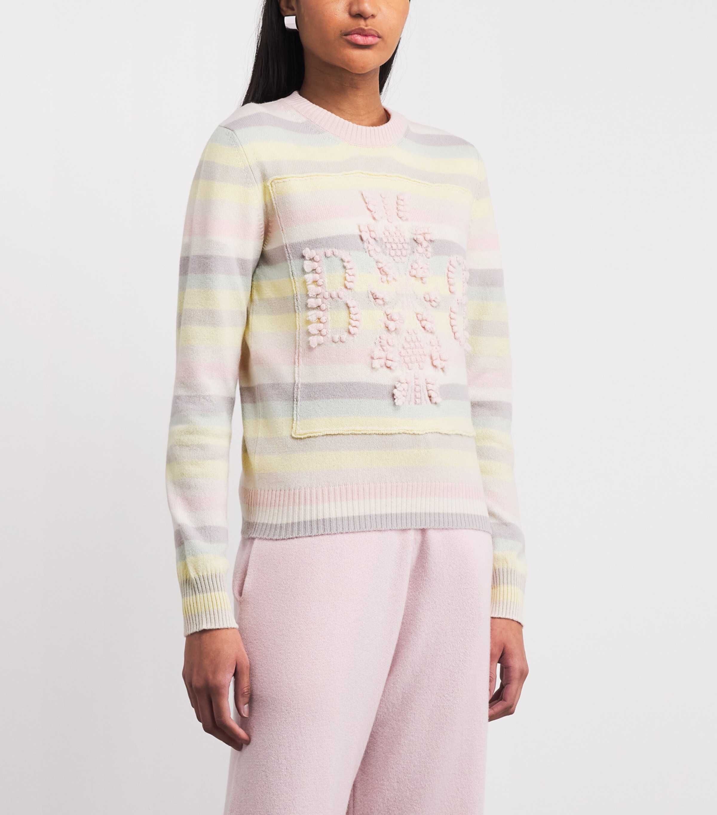 Barrie Womens Cashmere Stripe Logo Sweater Light Pink Image 4