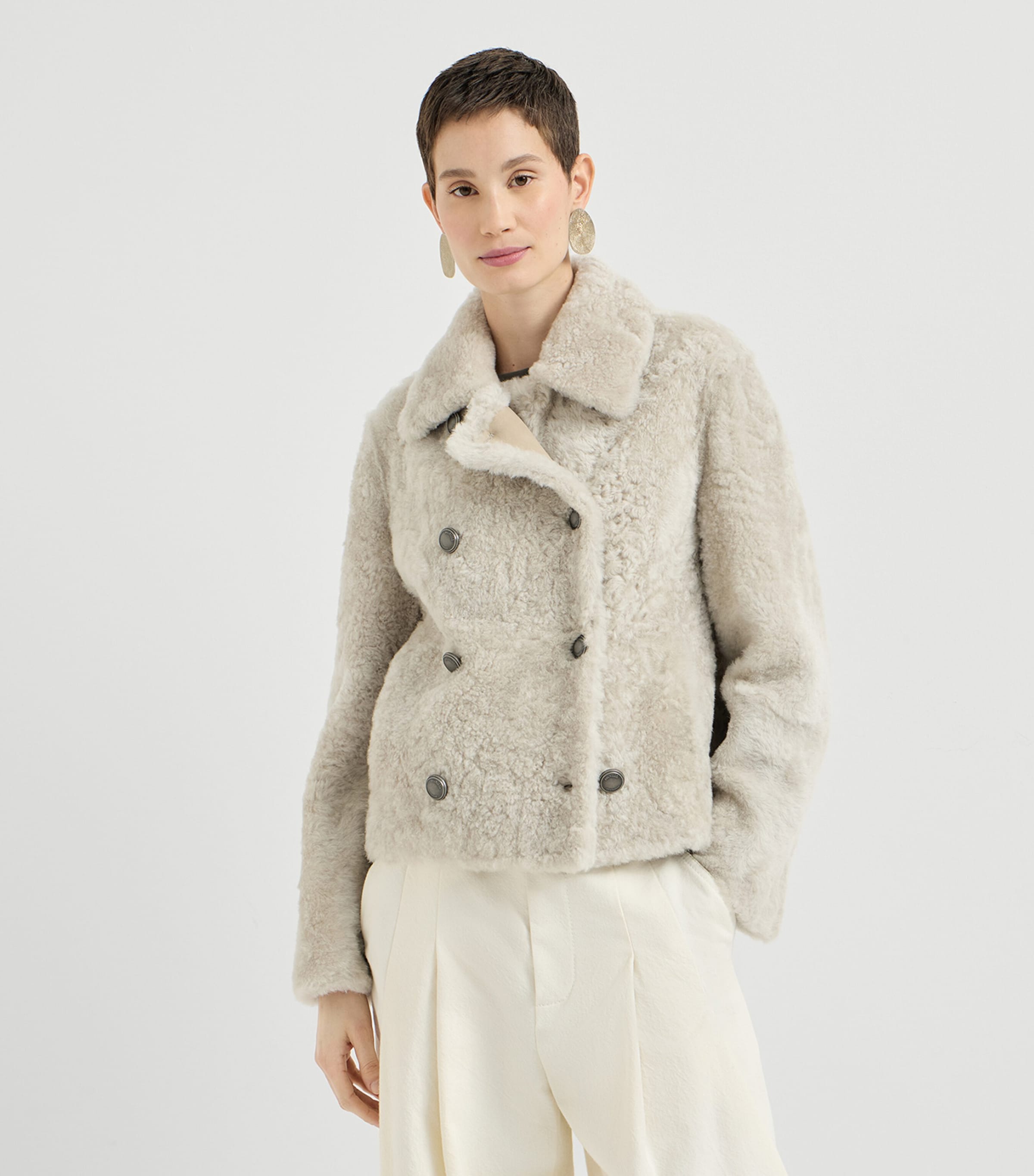 Brunello Cucinelli Womens Shearling Double-Breasted Jacket Stone Image 4