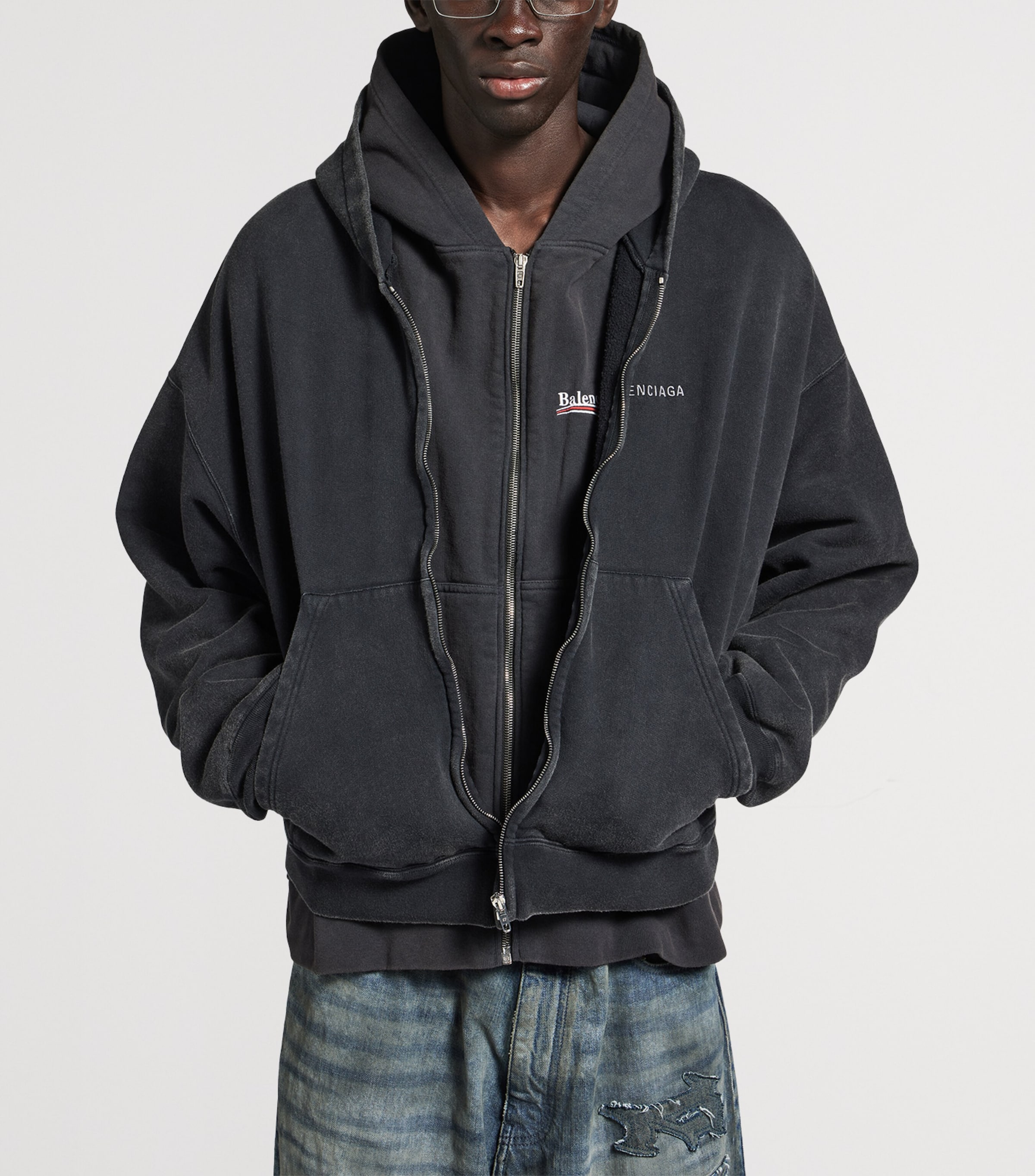 Balenciaga Mens Cotton Layered Logo Hoodie Image 2