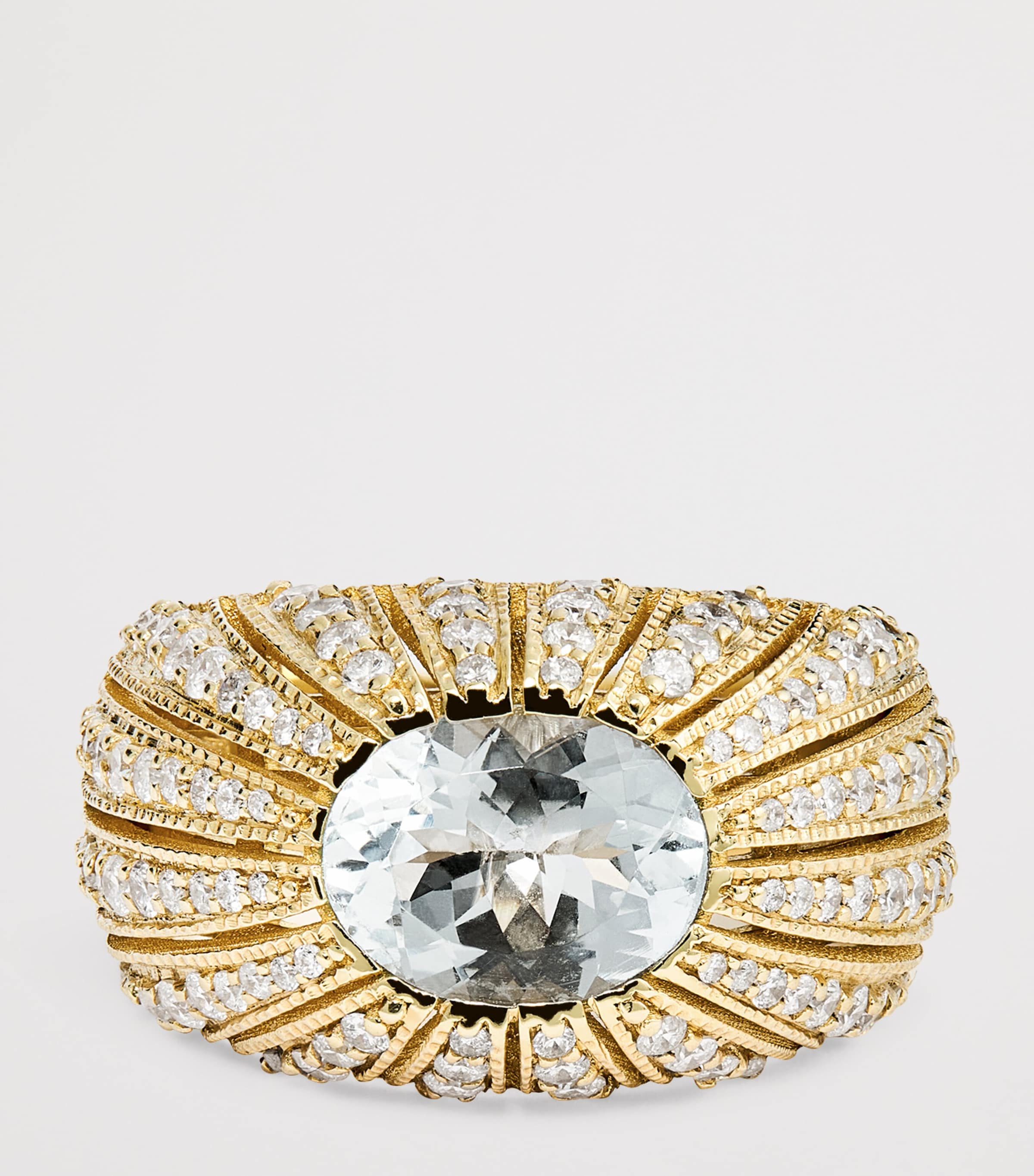 Large Yellow Gold, Diamond and Aquamarine Oval Dome Ring YELLOW GOLD Image 4