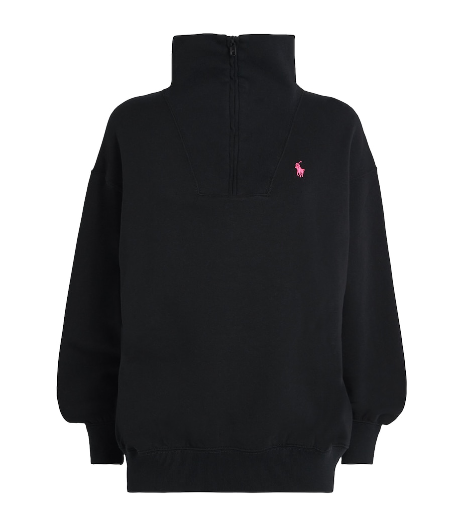 Cotton-Blend Fleece Polo Pony Quarter-Zip Sweater POLO BLACK Image 1