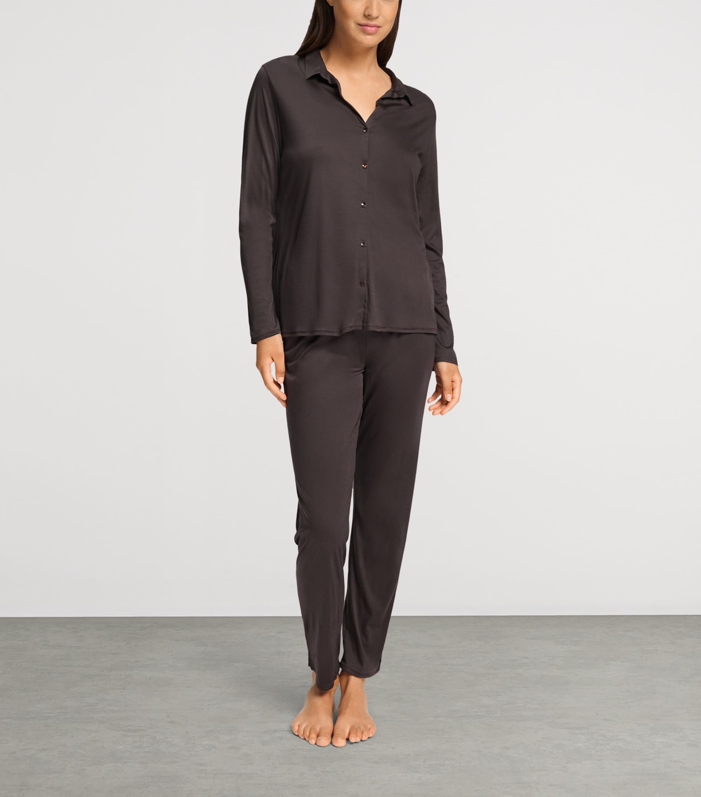 Hanro Womens Modal-Silk Grand Central Pyjama Shirt Dark Mocha Image 2