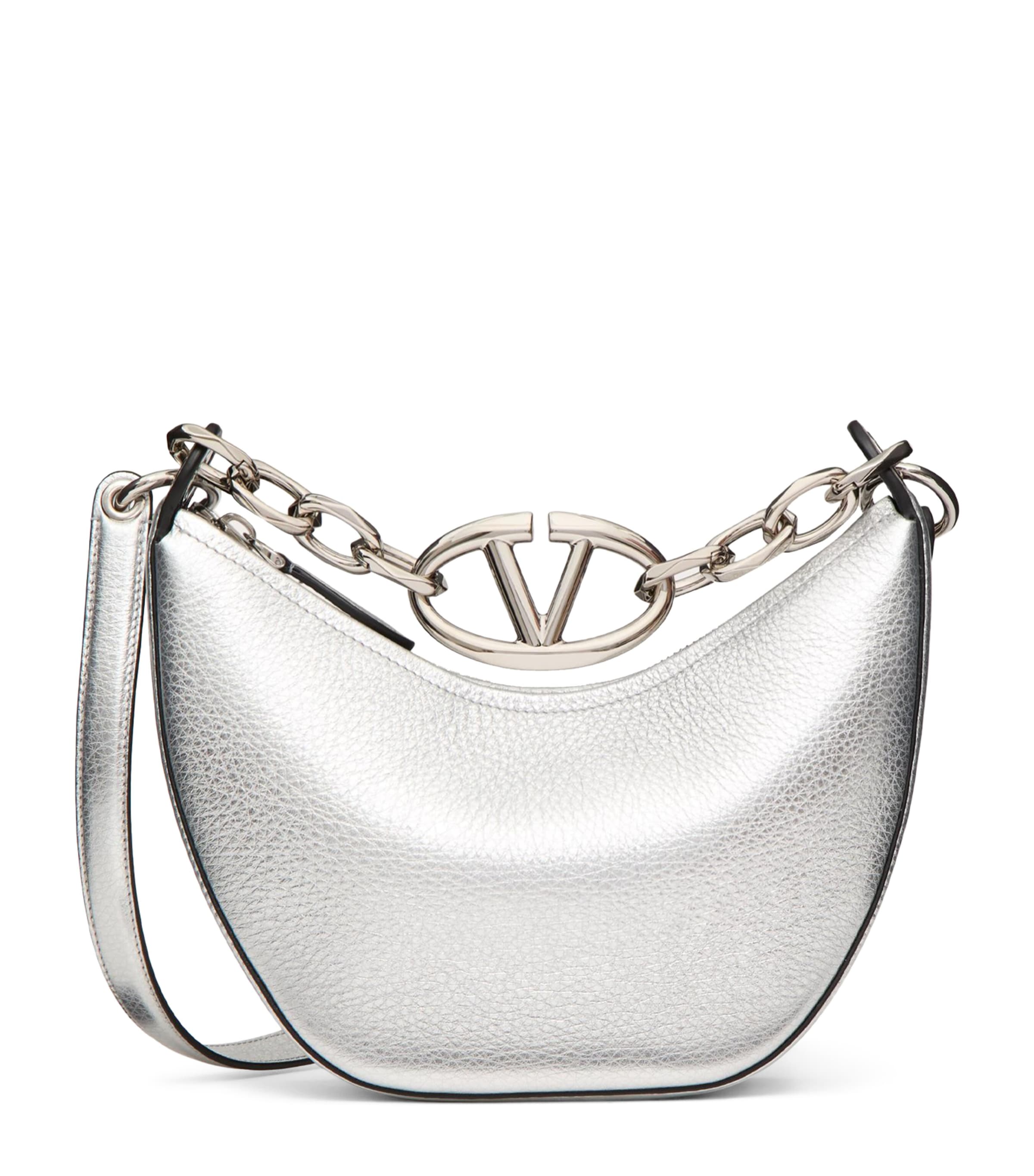 Valentino Garavani Mini Leather Vlogo Moon Shoulder Bag In Silver