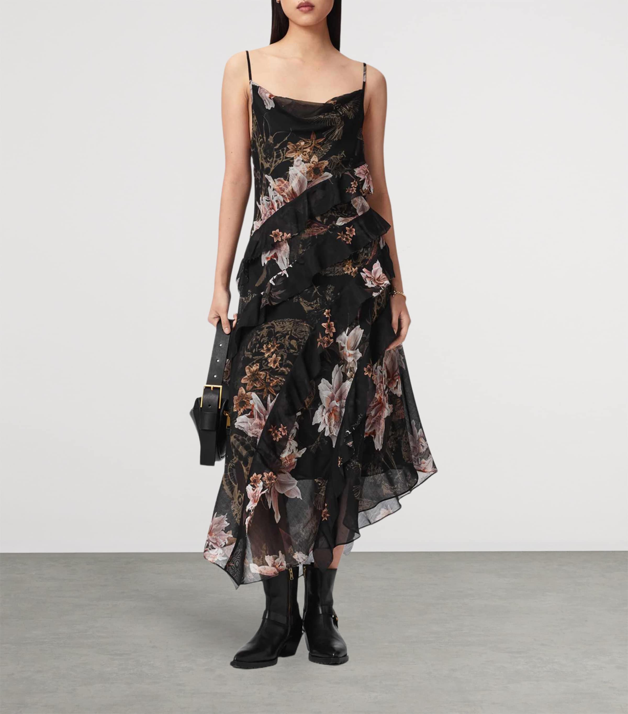 AllSaints Womens Floral Ruth Midi Dress Crystal Black Image 3