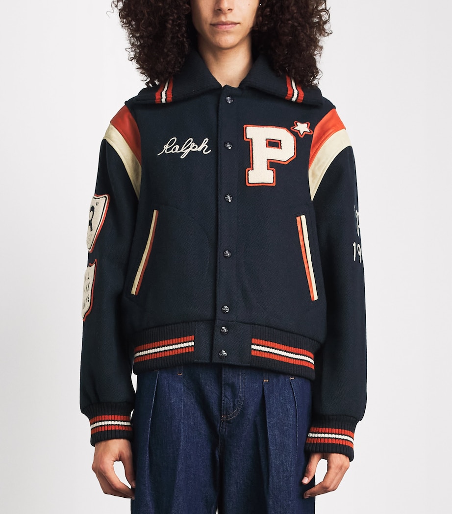 Polo Ralph Lauren Womens Wool-Blend Patchwork Bomber Jacket Hunter Navy Image 4