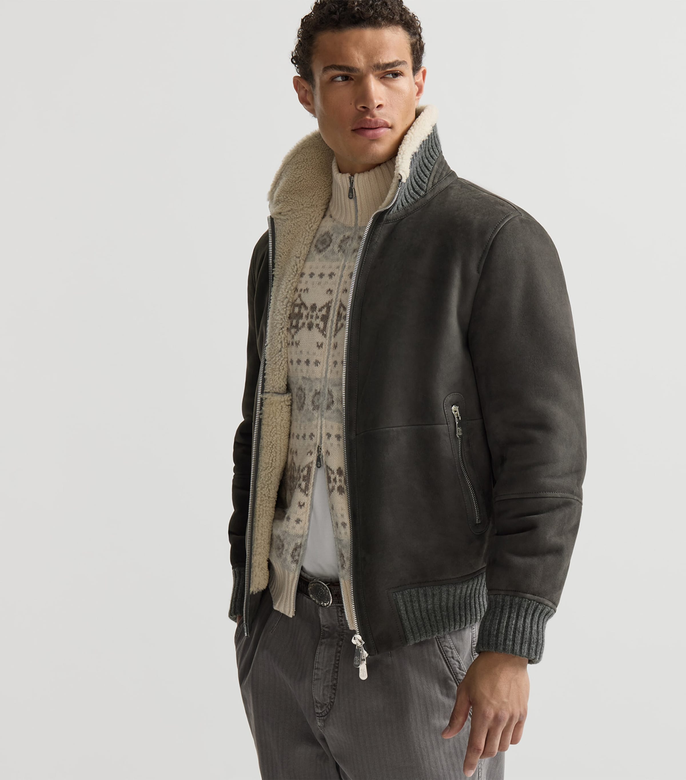 Brunello Cucinelli Mens Suede-Shearling Bomber Jacket Image 4