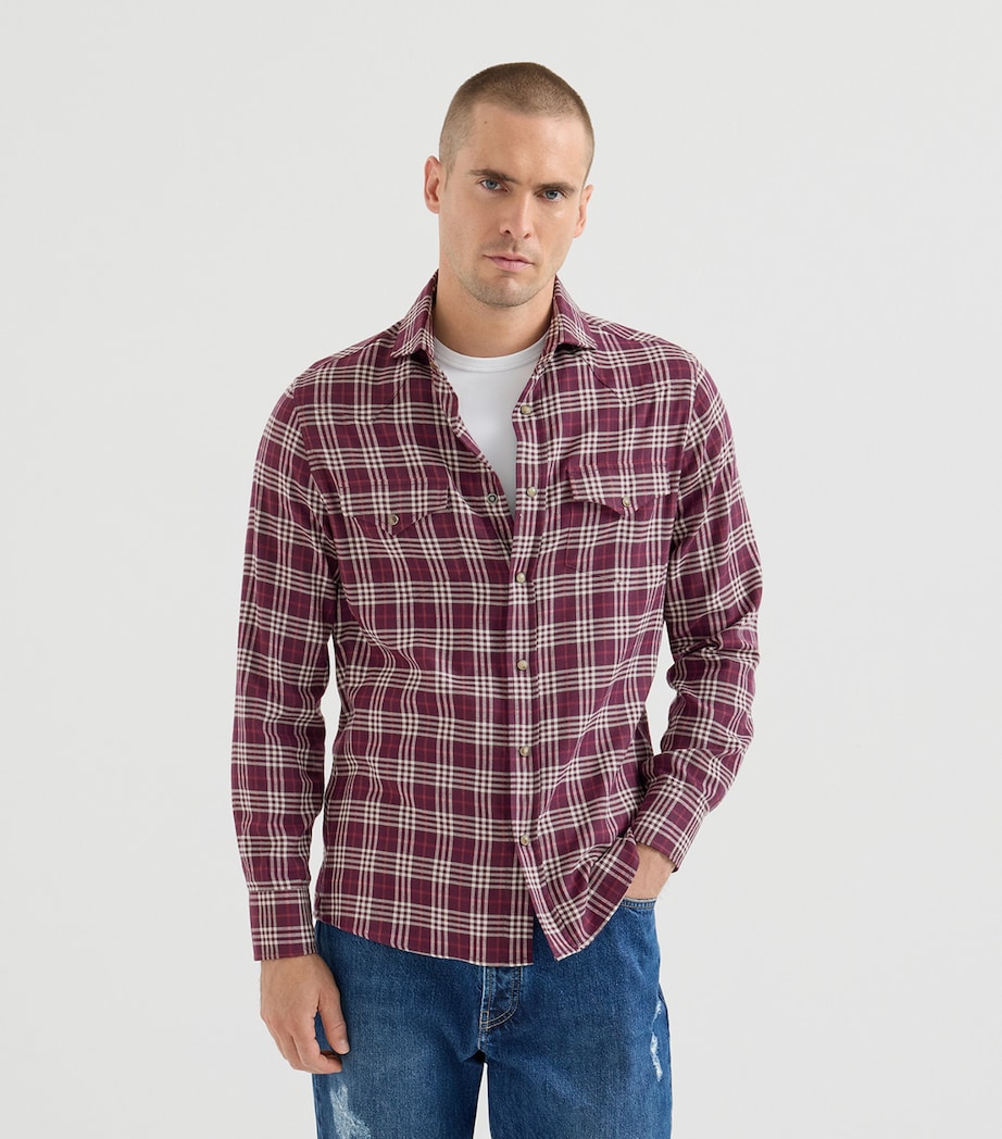 Brunello Cucinelli Mens Flannel Check Western Shirt Prugna Image 2