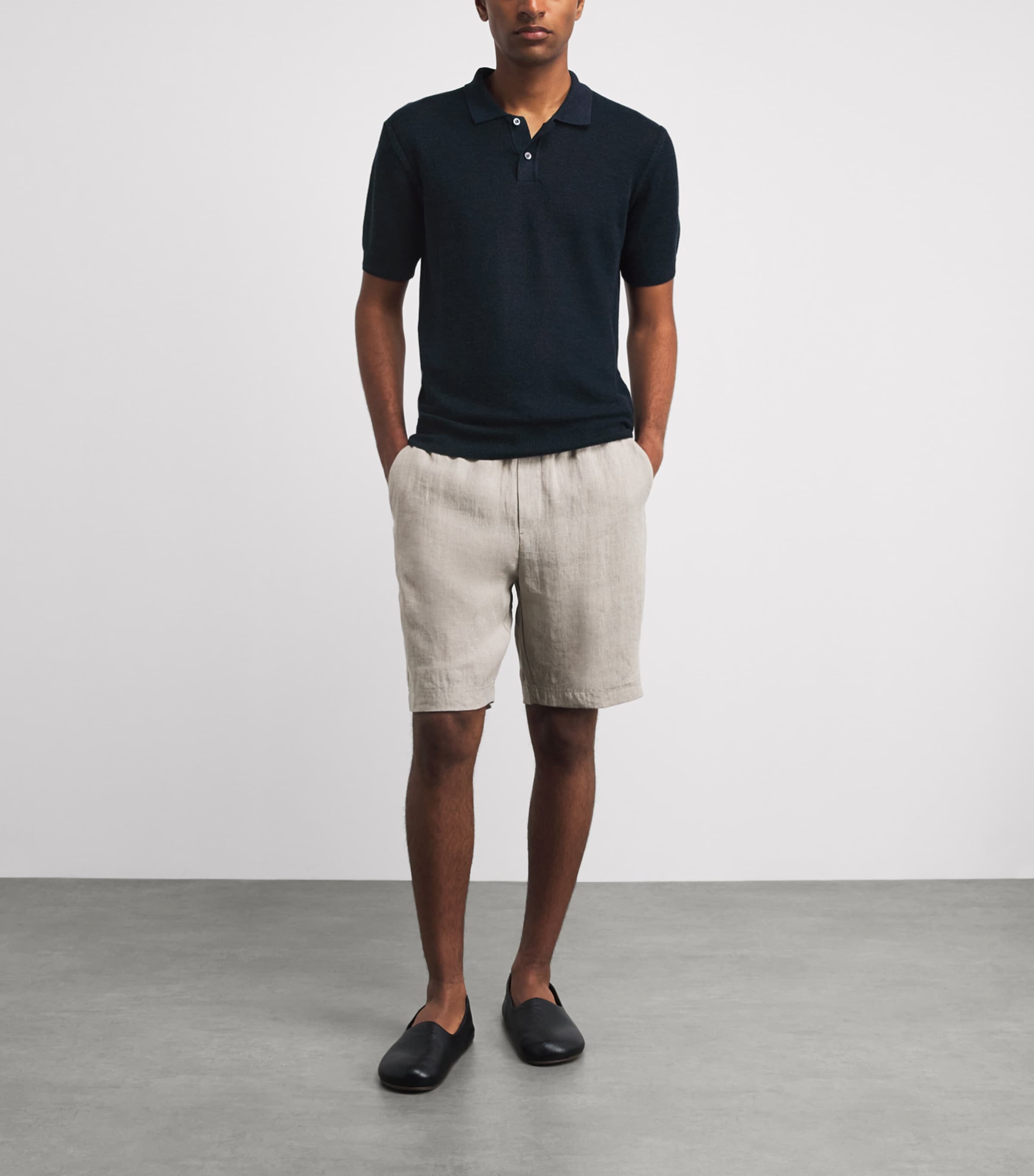 Sunspel Mens Linen-Silk Honeycomb Polo Shirt Buaf Light Navy Image 2