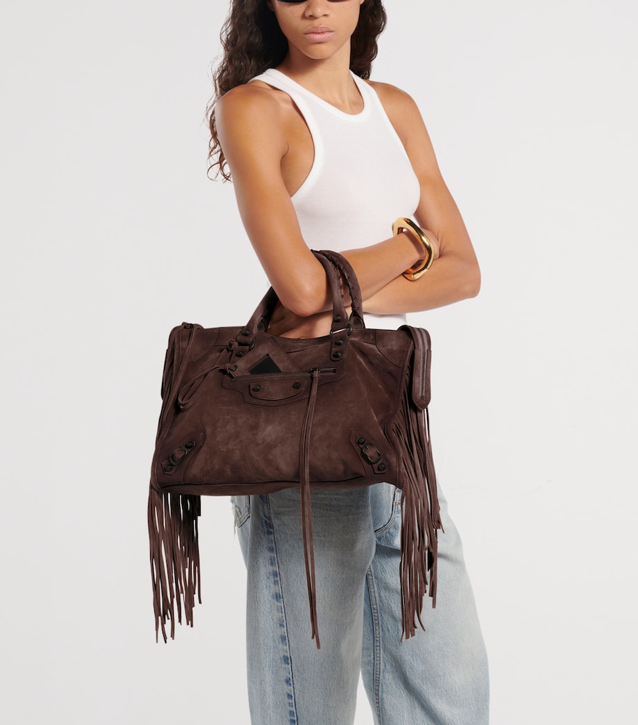 Balenciaga Womens Medium Suede Fringe Le City Top-Handle Bag Image 6