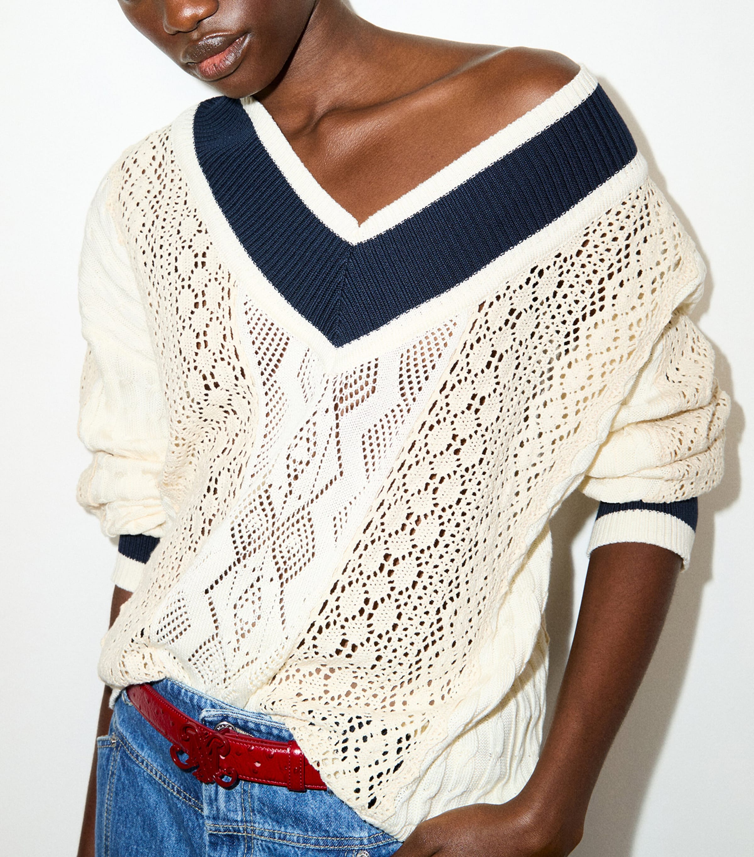 MAX&Co. Womens Cotton Crochet V-Neck Sweater Milk Image 2