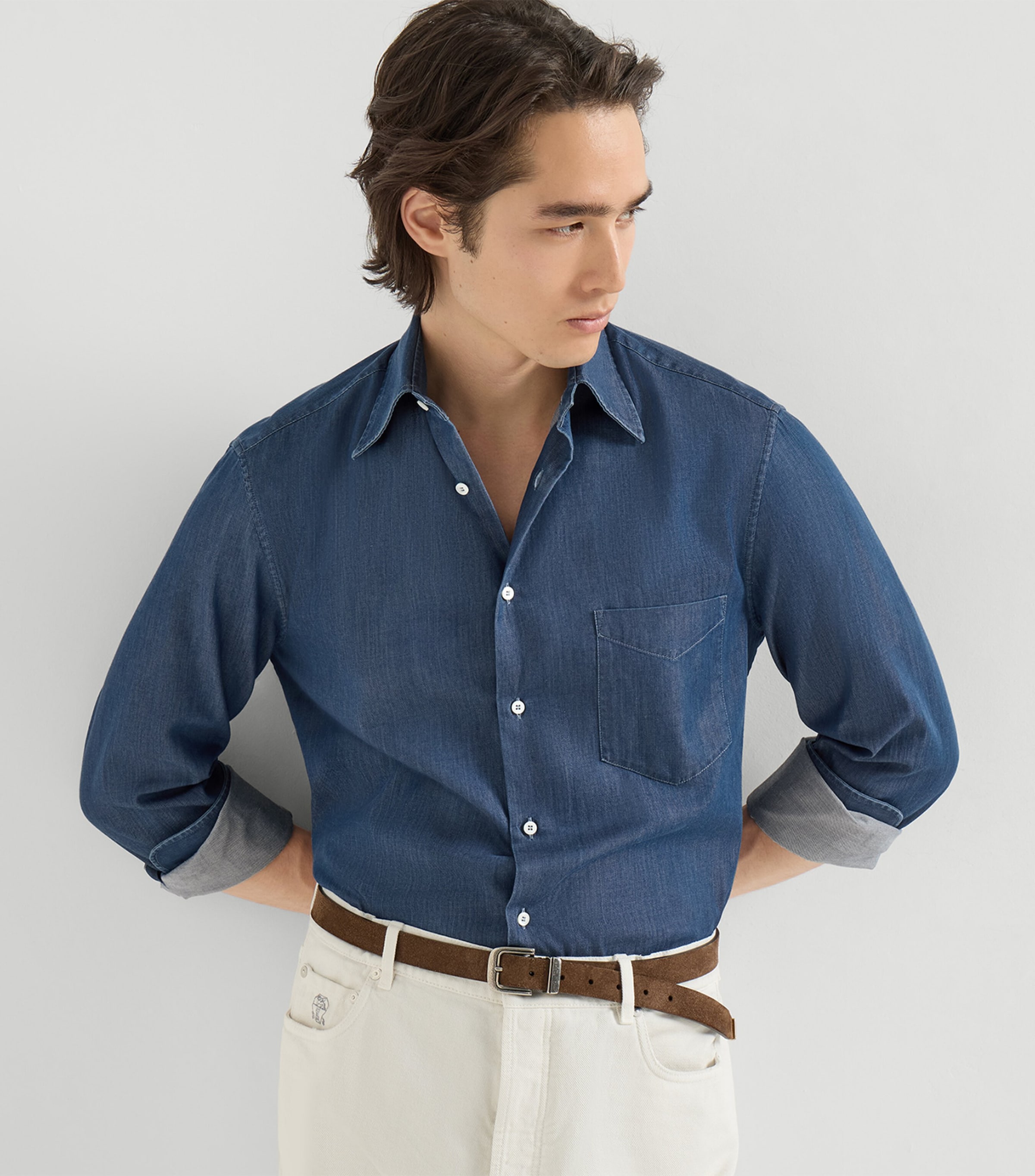 Brunello Cucinelli Mens Denim Chambray Shirt Image 2