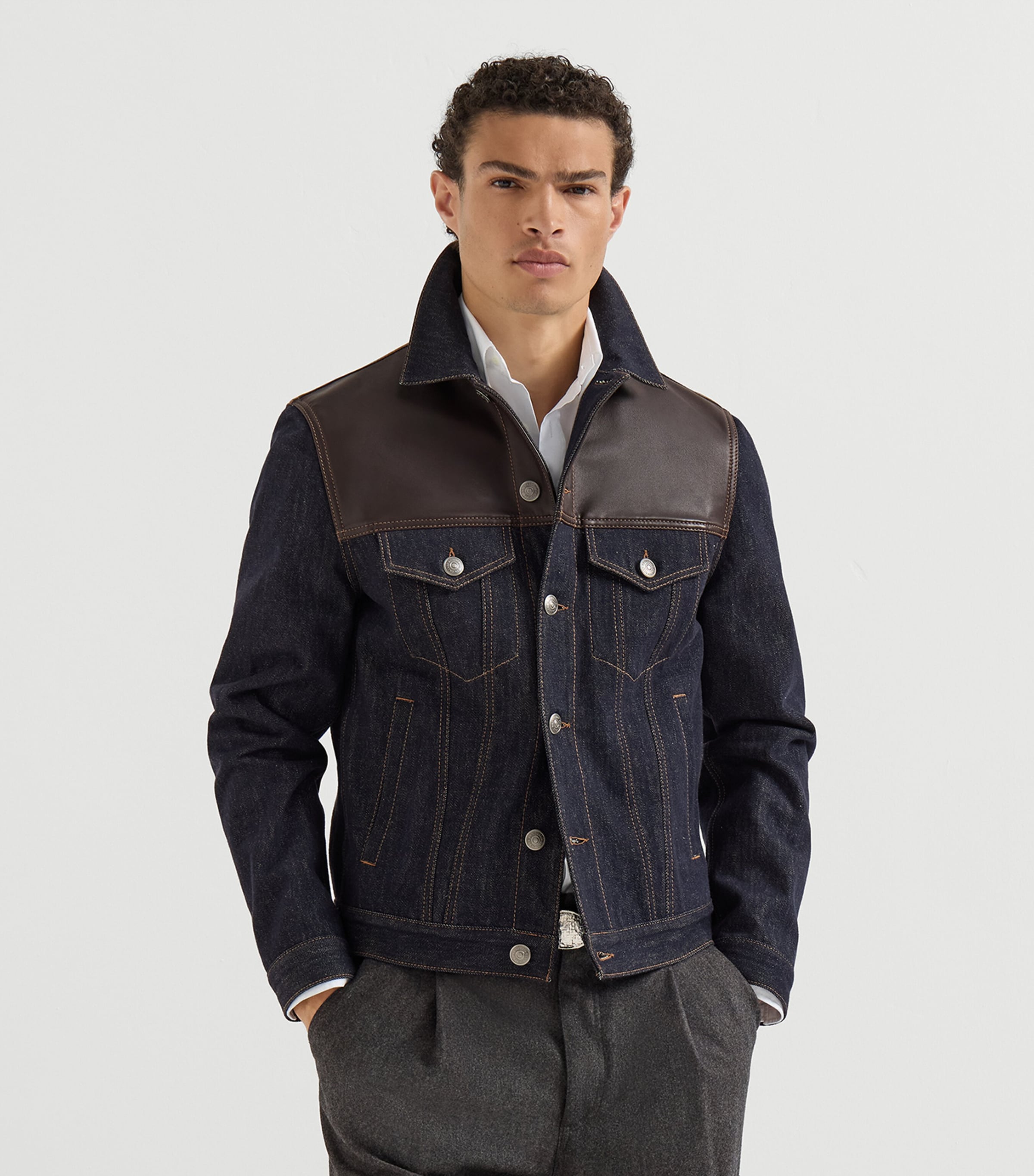 Brunello Cucinelli Mens Leather-Trim Denim Jacket Blue Image 4