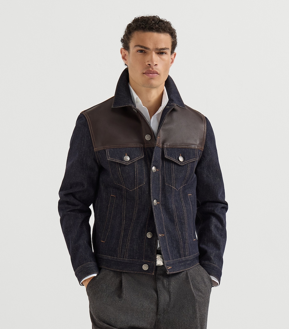 Brunello Cucinelli Mens Leather-Trim Denim Jacket Blue Image 4