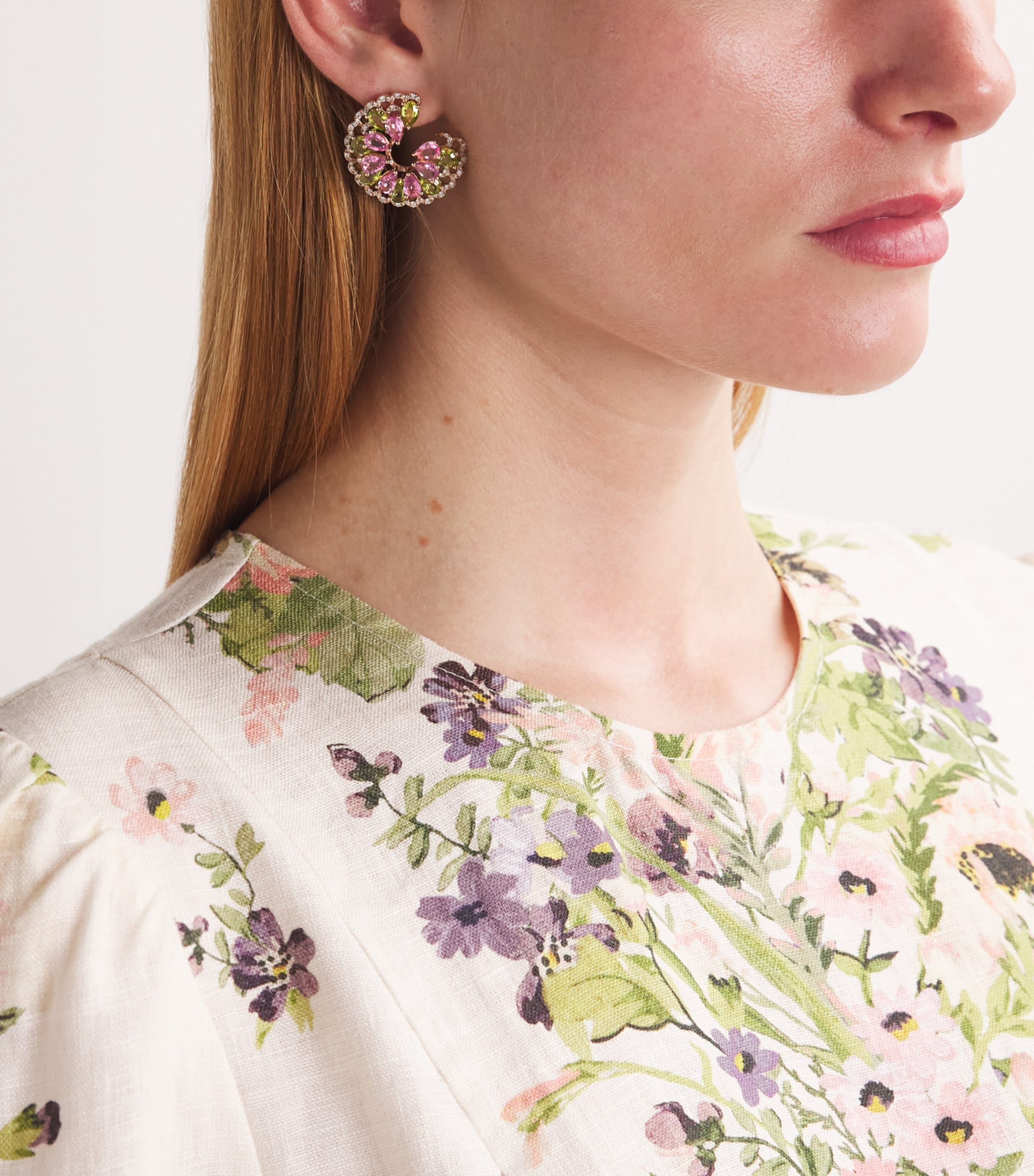 Rose Gold, Diamond, Pink Sapphire and Peridot Secret Garden Peacock Earrings ROSE GOLD Image 2