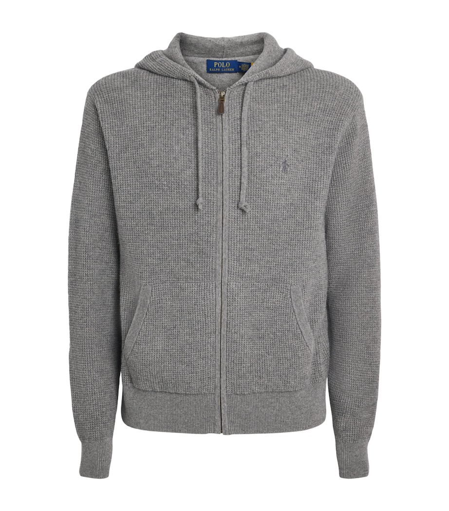 Polo Ralph Lauren Mens Wool-Cotton Waffle-Knit Zip-Up Hoodie Fawn Grey Heather Image 1
