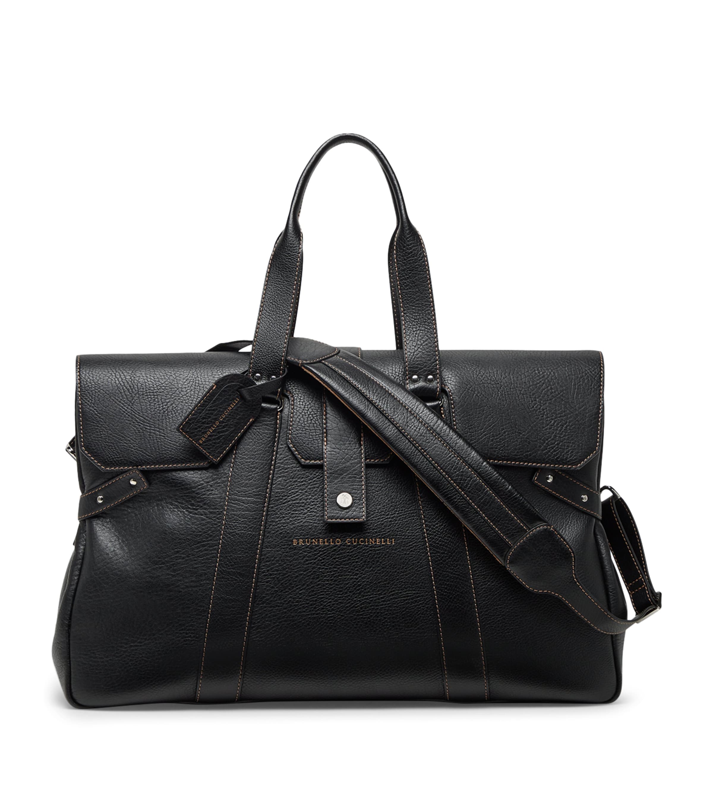 Brunello Cucinelli Leather Country Weekender Holdall In Black