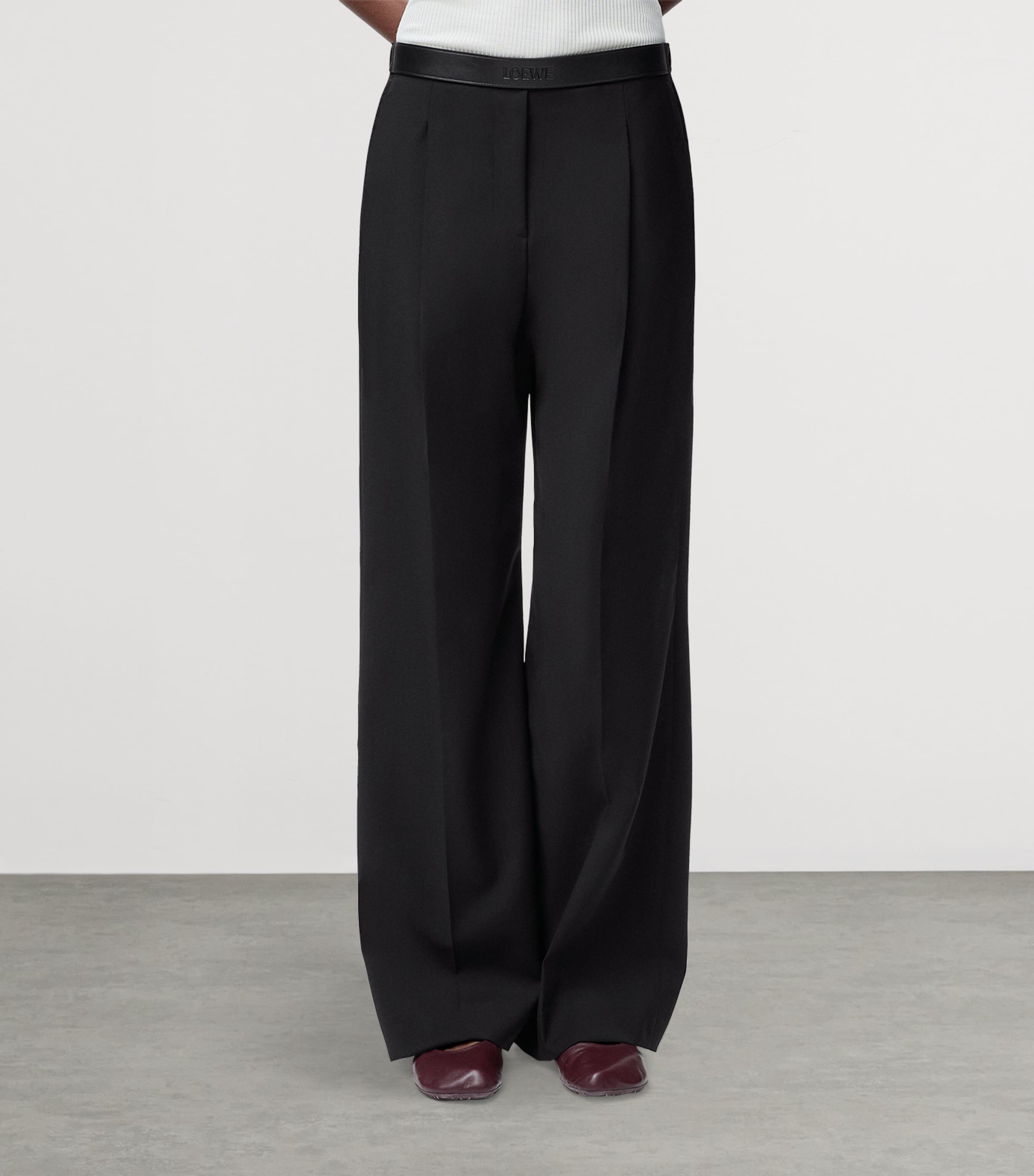 Wool Leather-Waistband Tailored Trousers BLACK Image 3