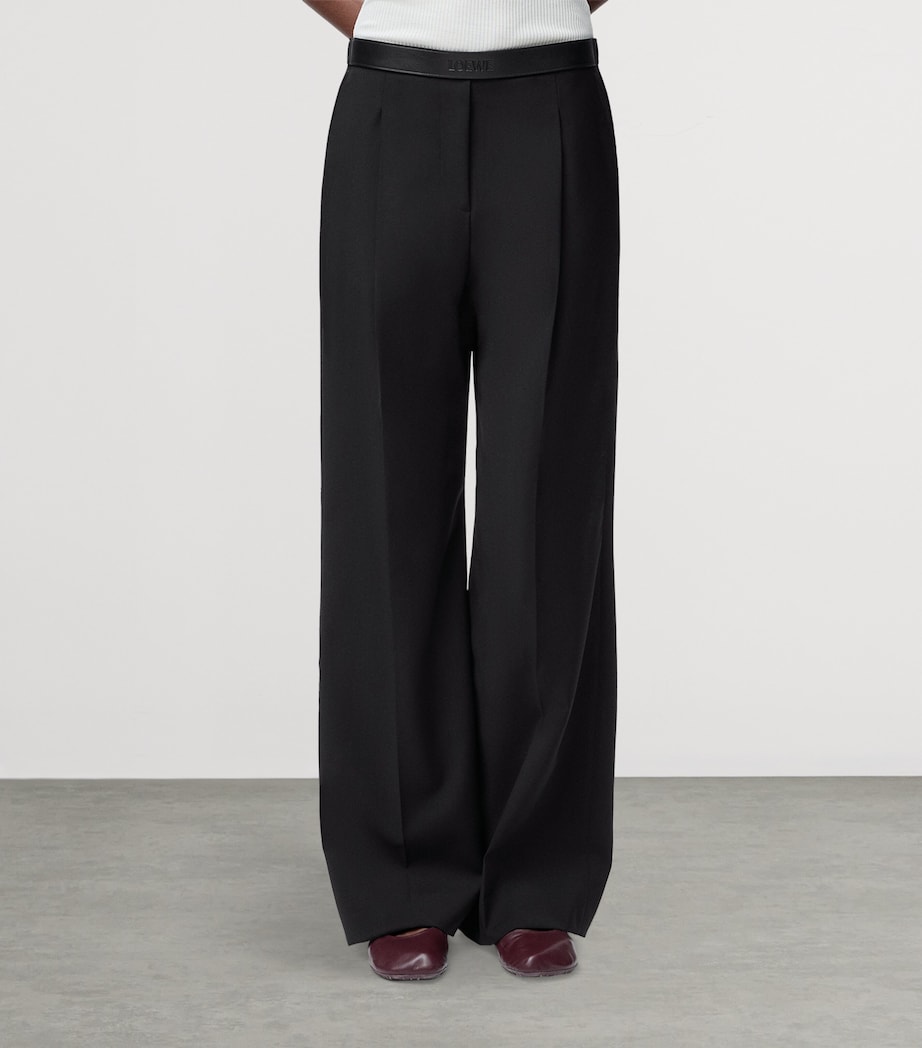 Wool Leather-Waistband Tailored Trousers BLACK Image 3