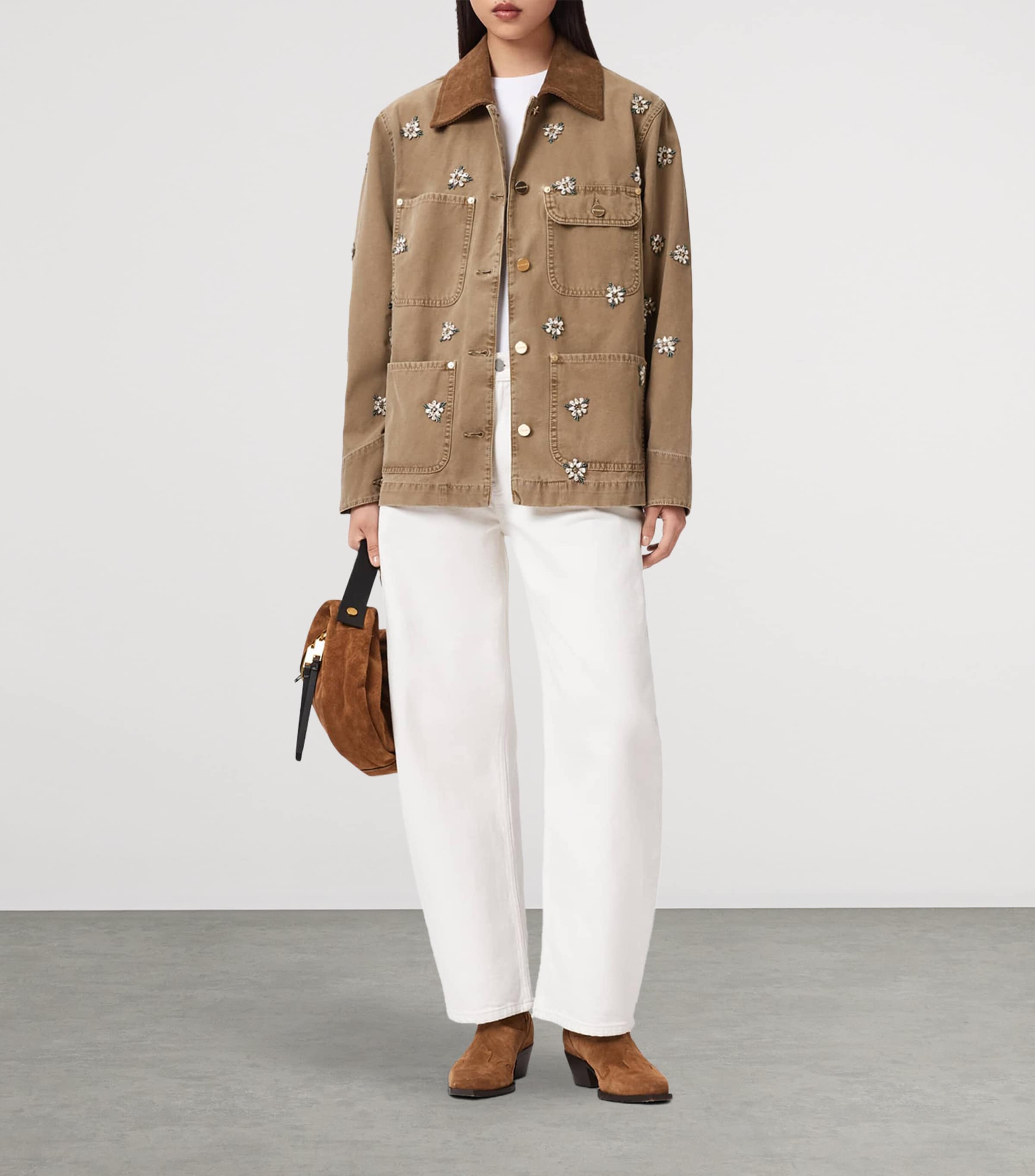 AllSaints Womens Denim Embroidered Bex Jacket Vintage Sand Brown Image 5