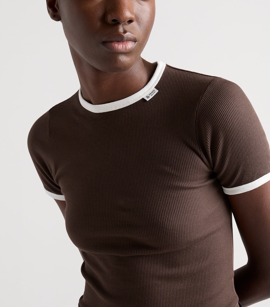 Prada Womens Contrast-Trim Ribbed T-Shirt Brown Image 3